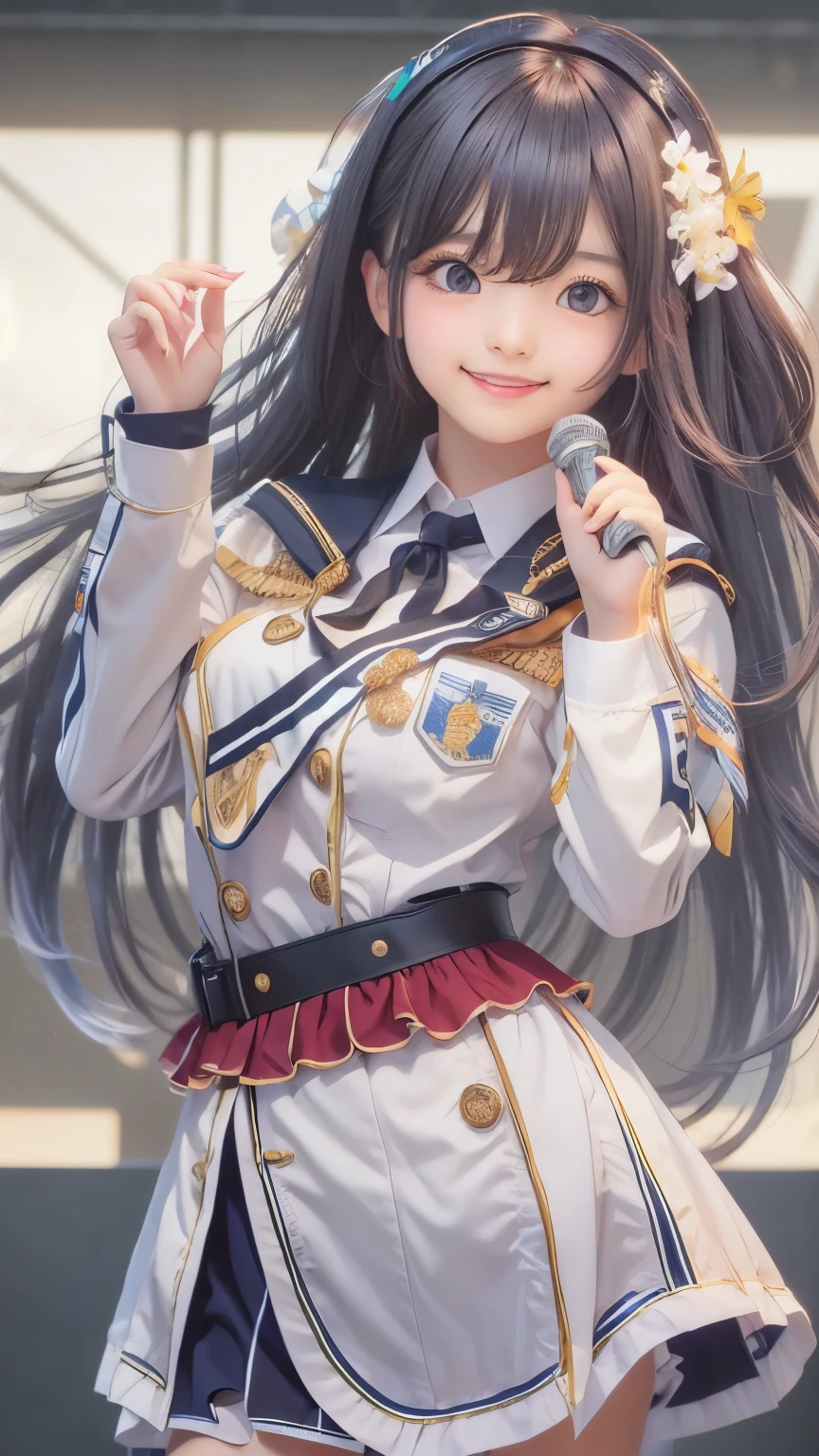 idol uniform , mic , stage , master piece , best quality , detailed , bangs , woman ,flat chest, smile

