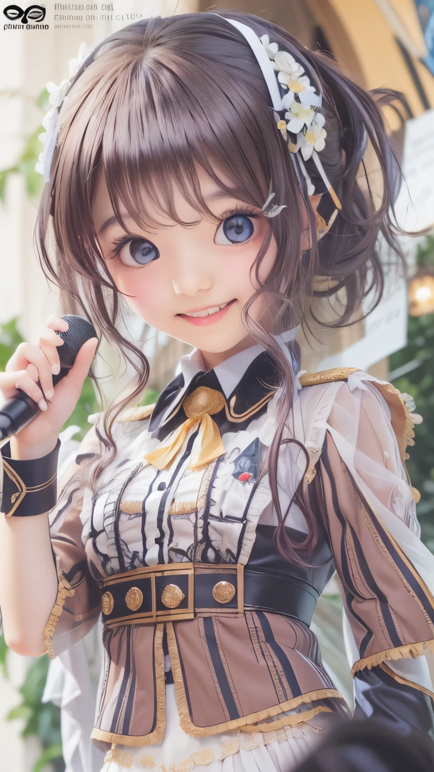 idol uniform , mic , stage , master piece , best quality , detailed , bangs , woman ,flat chest, smile
