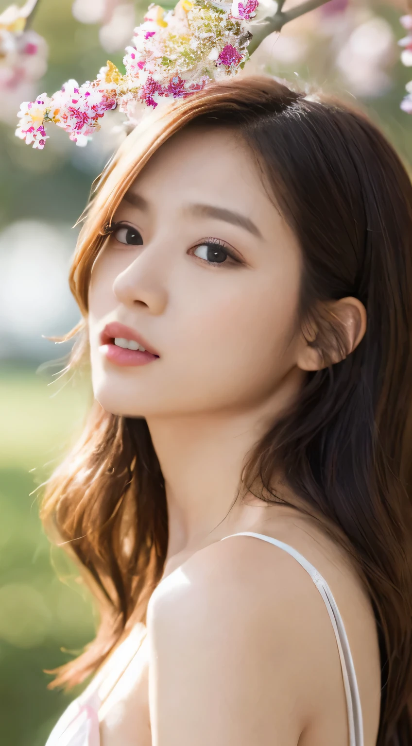 under the cherry tree、suit、whole body、open chest、I'm not wearing anything inside、move your glasses、upward glance、NiziUAYAKA、 4K、1people's women、slender、 Loose wavy styling 、seductive and attractive、Including face and skin texture,detailed eyes、a seductive look