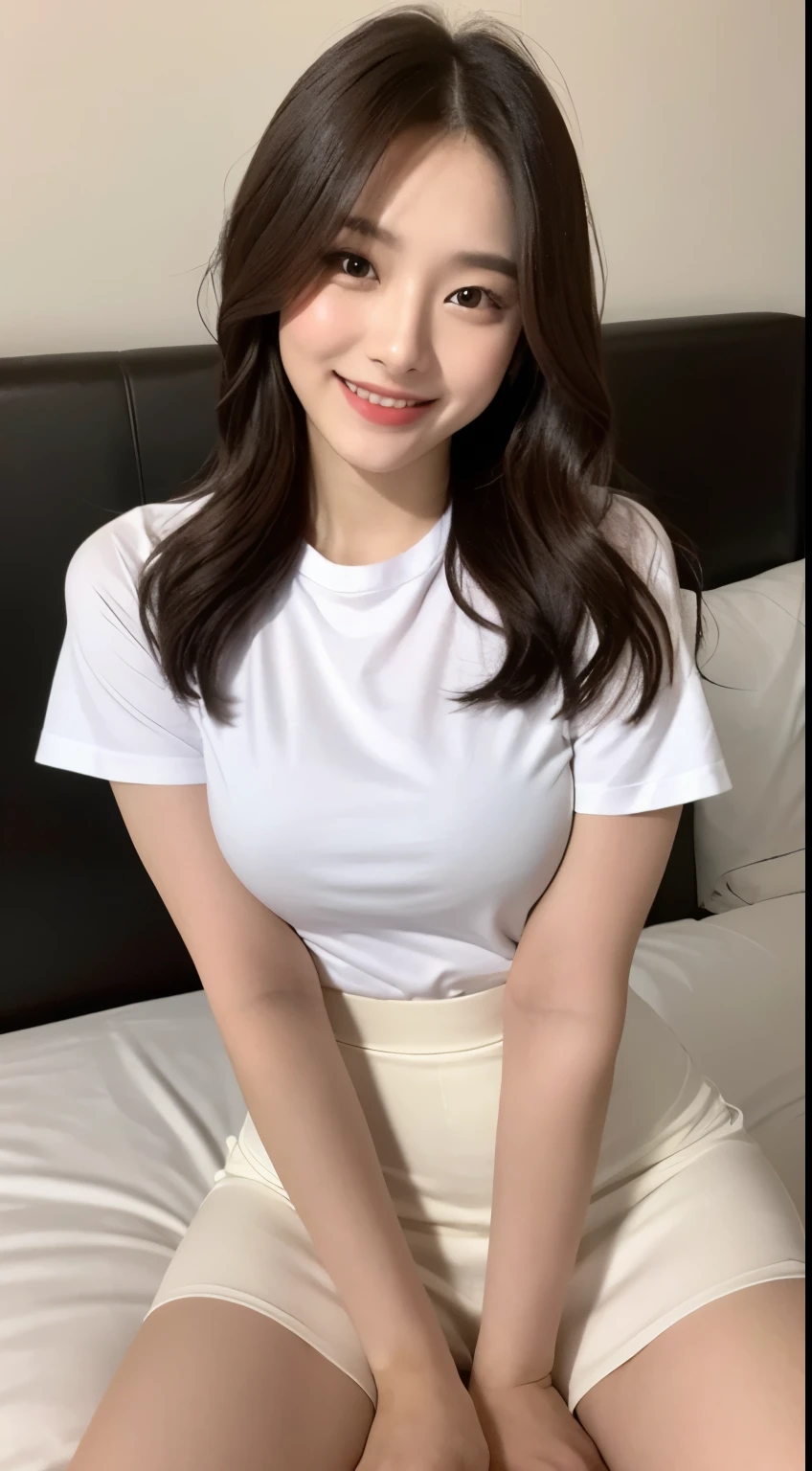 white tight shirt、white tight mini skirt、bed、smile、short sleeve、high resolution、Korean idol face