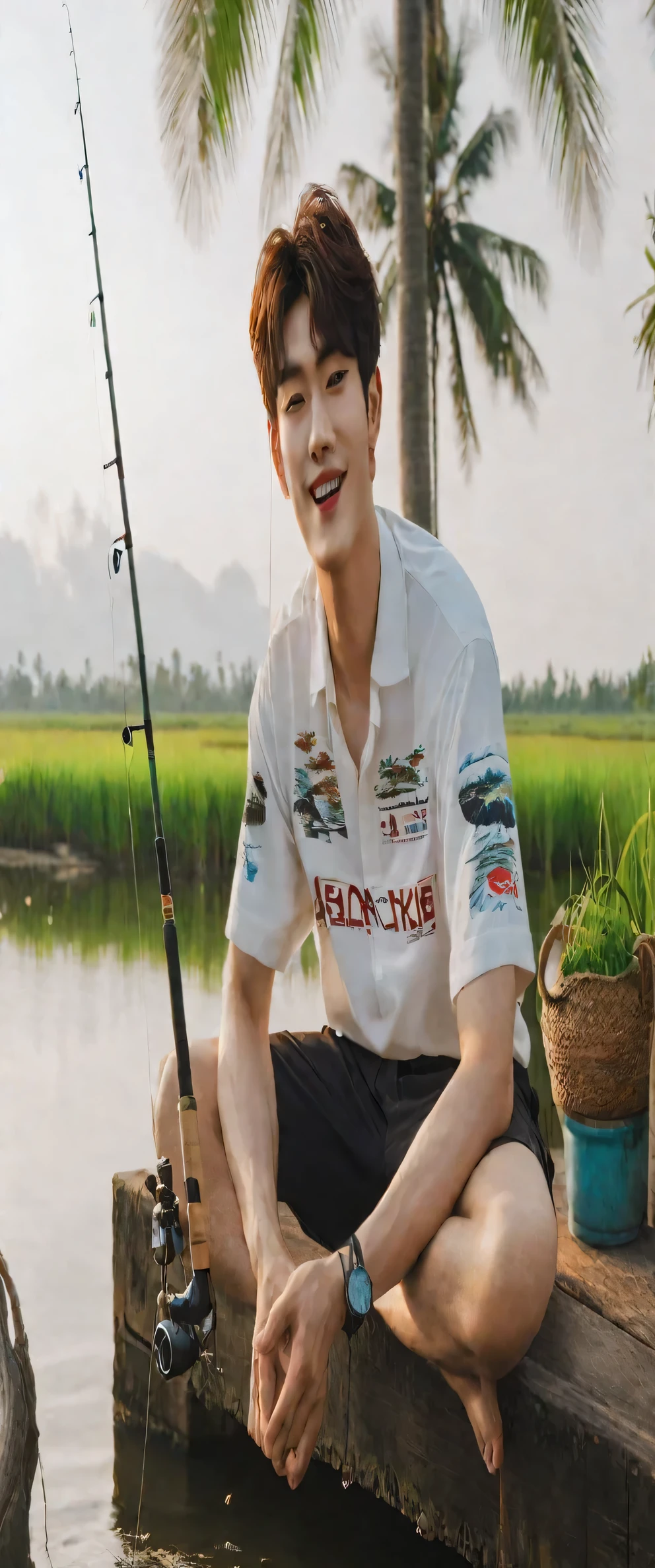 arafed man sitting on a dock with a fishing rod, cai xukun, jung jaehyun, kim doyoung, jinyoung shin, thawan duchanee, hyung tae, yanjun chengt, sakimichan, album art, inspired by Adam Dario Keel, fanart, ruan cute vtuber, siwoo kim, hong june hyung, traditional art