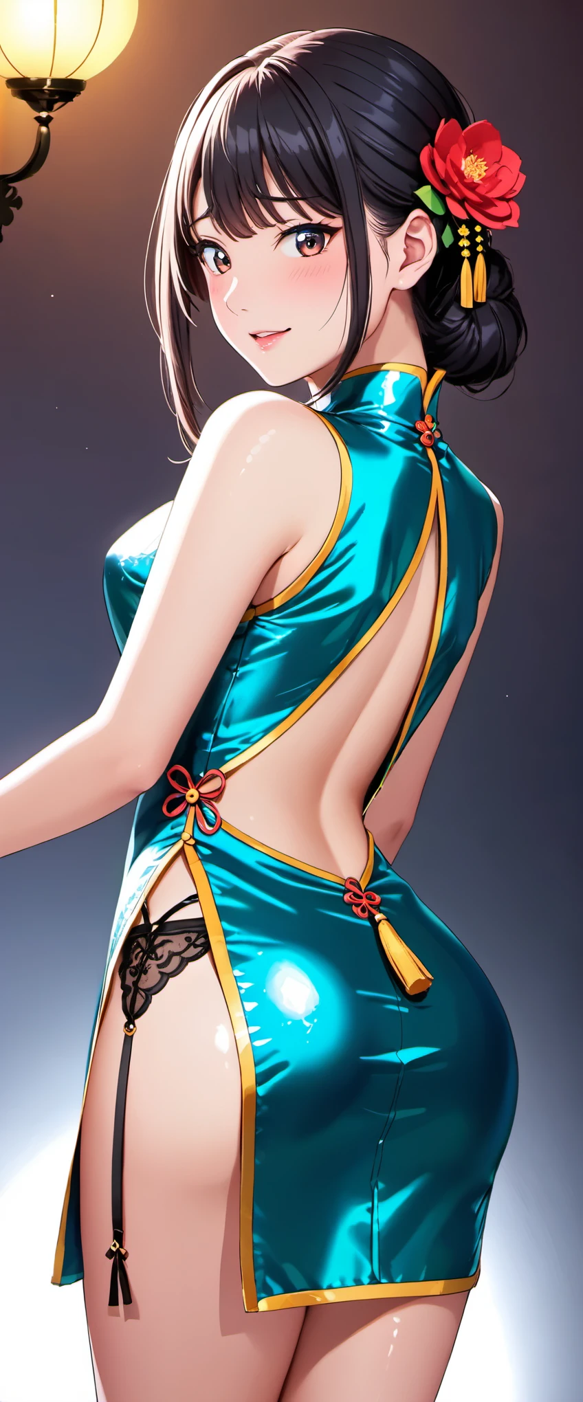 High resolution, adult woman , good lighting, despicable, , (No nudity), (((shiny cheongsam))),(garter belt),cute face, I&#39;m embarrassed and blush, humiliating, ((turn around and look back)),