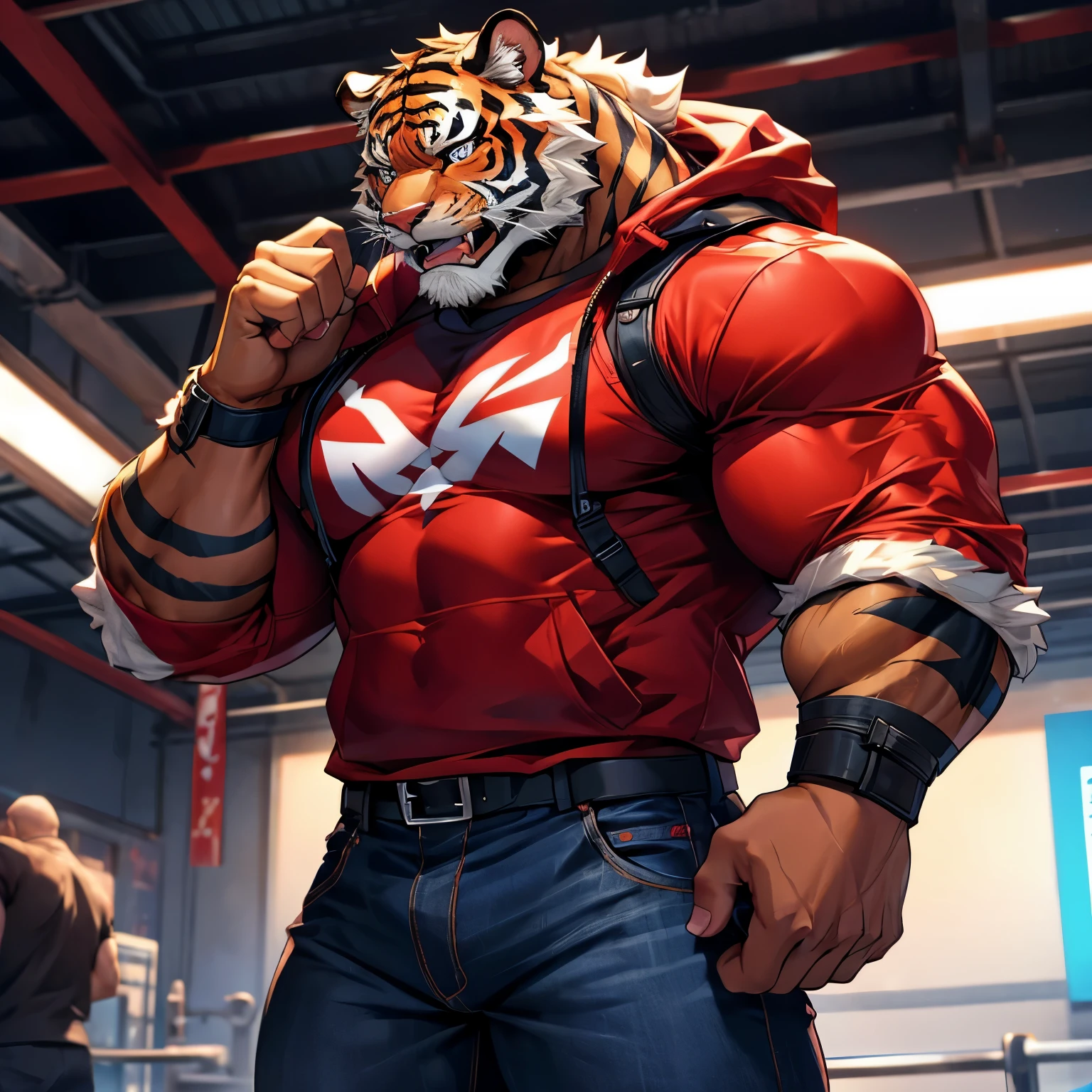 Muscular furry humanoid tiger with bodybuilder builds, wearing inner layer long sleeve black t-shirt and outer layer short sleeve red jacket, wearing dark blue jeans as trousers, face expression is baring his teeth, pudgy