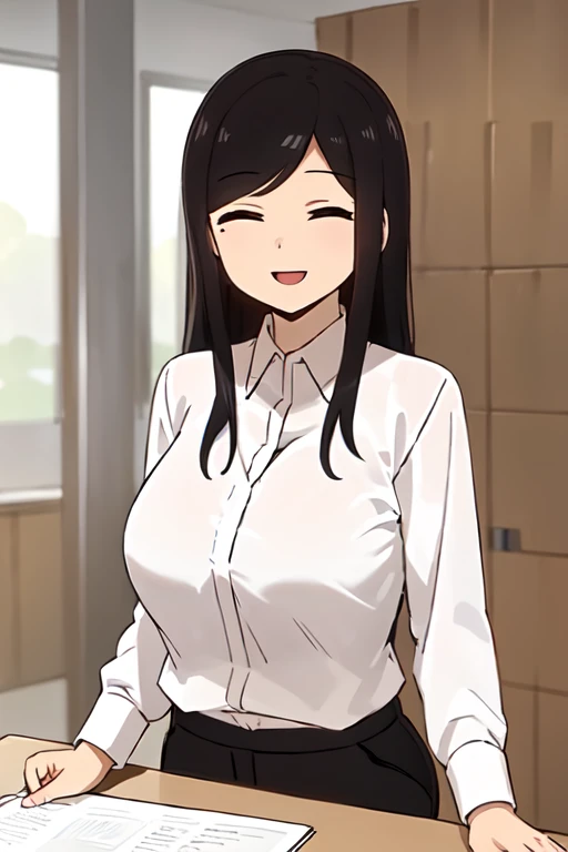 best quality, (masterpiece:1.2), detailed, perfect face, beautiful face,   Touko, 1girl, mole under eye, mole, solo, shirt, black hair, closed eyes, collared shirt, smile, office background, open mouth, sidelocks, white shirt, breasts, large breasts, long hair, medium hair, upper body, office lady