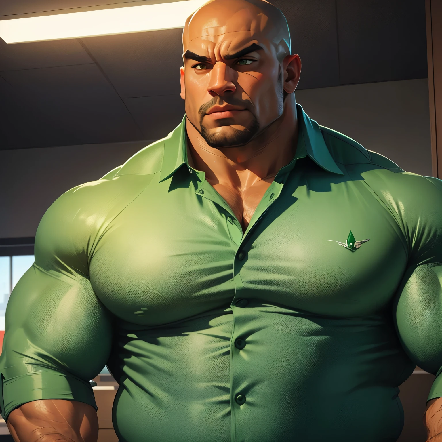 an exaggeratedly muscular and large bald bodyguard, beefy build, mixed race, (wearing green business casual shirt: 1.2), name tag, (bara pecs: 1.3), (arm and chest hair: 1.1), close-up portrait HD, bright corporate office with large windows