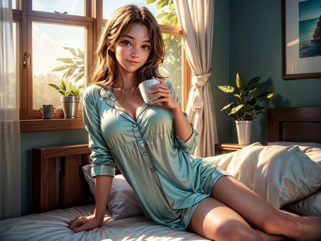 (best quality,4k,highres,ultra-detailed,photorealistic:1.37),A girl drinking coffee on the bed in the morning sunlight coming in through the window,illustration,soft and warm lighting,vivid colors,sun-kissed skin,gentle smile,fine details,long wavy hair,morning haze,gently steaming coffee cup,lush green leaves outside the window,sunlit room with cozy atmosphere,dreamy and ethereal scenery,comfortable pajamas,relaxed posture,serene expression,happy and peaceful ambiance