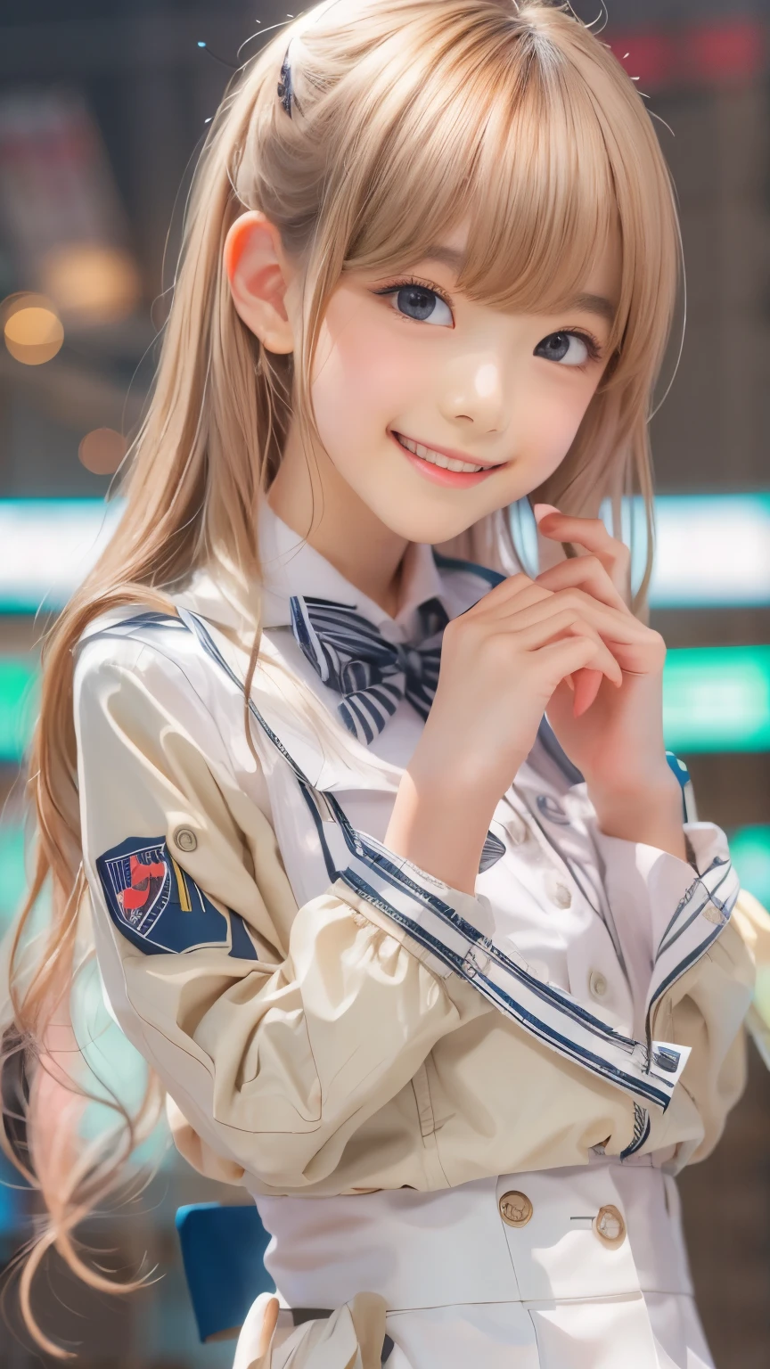 idol uniform , mic , stage , master piece , best quality , detailed , bangs , woman ,flat chest, smile