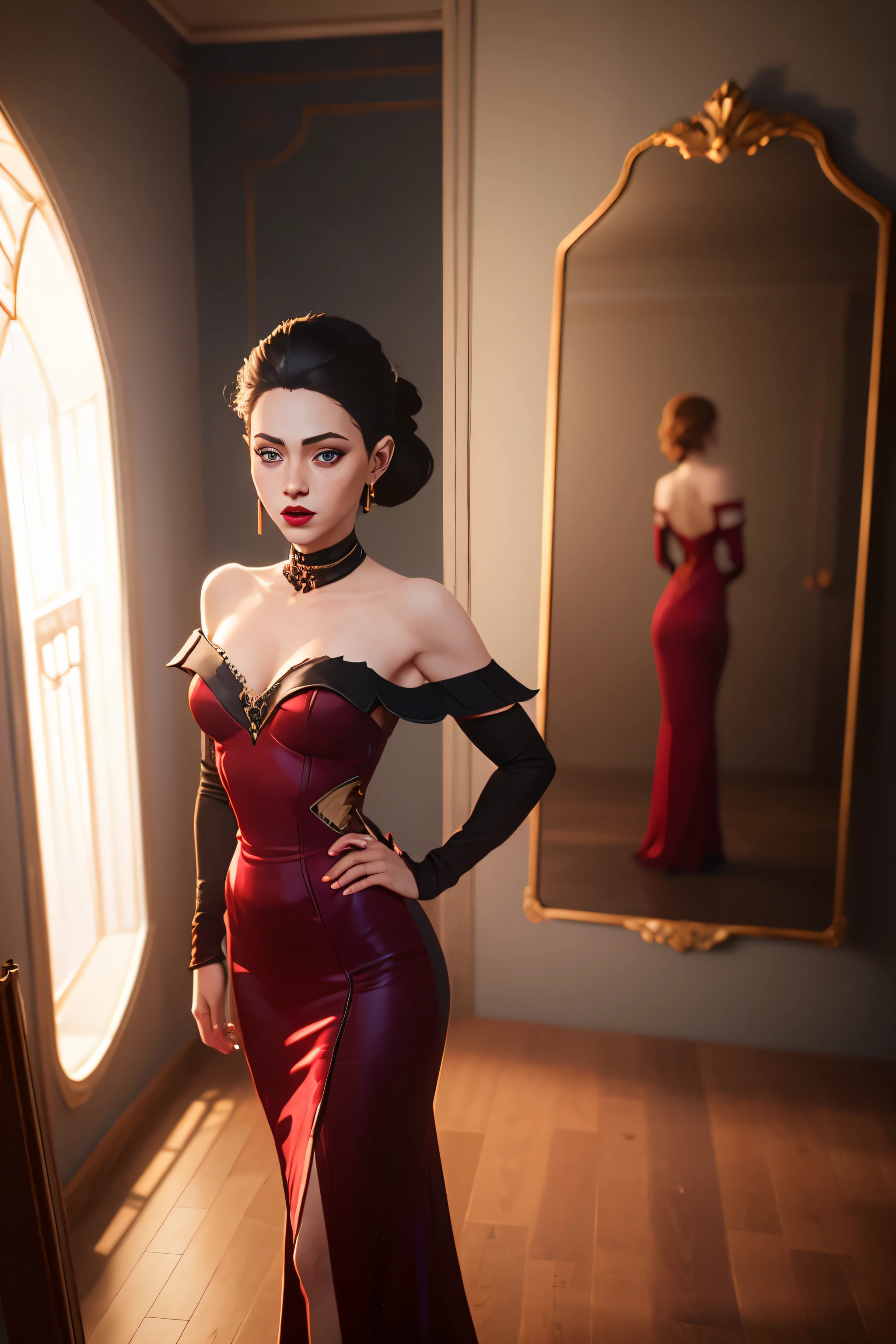 Amanda Seyfried, 1 woman, frontal view, left hand on hip, piercing gaze, black wavy hair, long, side part, porcelain skin, winged eyeliner, red lipstick, red off-the-shoulder gown, drape detail, makeup room background, mirror with lights, neutral walls, wooden floor, contemporary style, soft natural lighting, indoor setting, elegance.