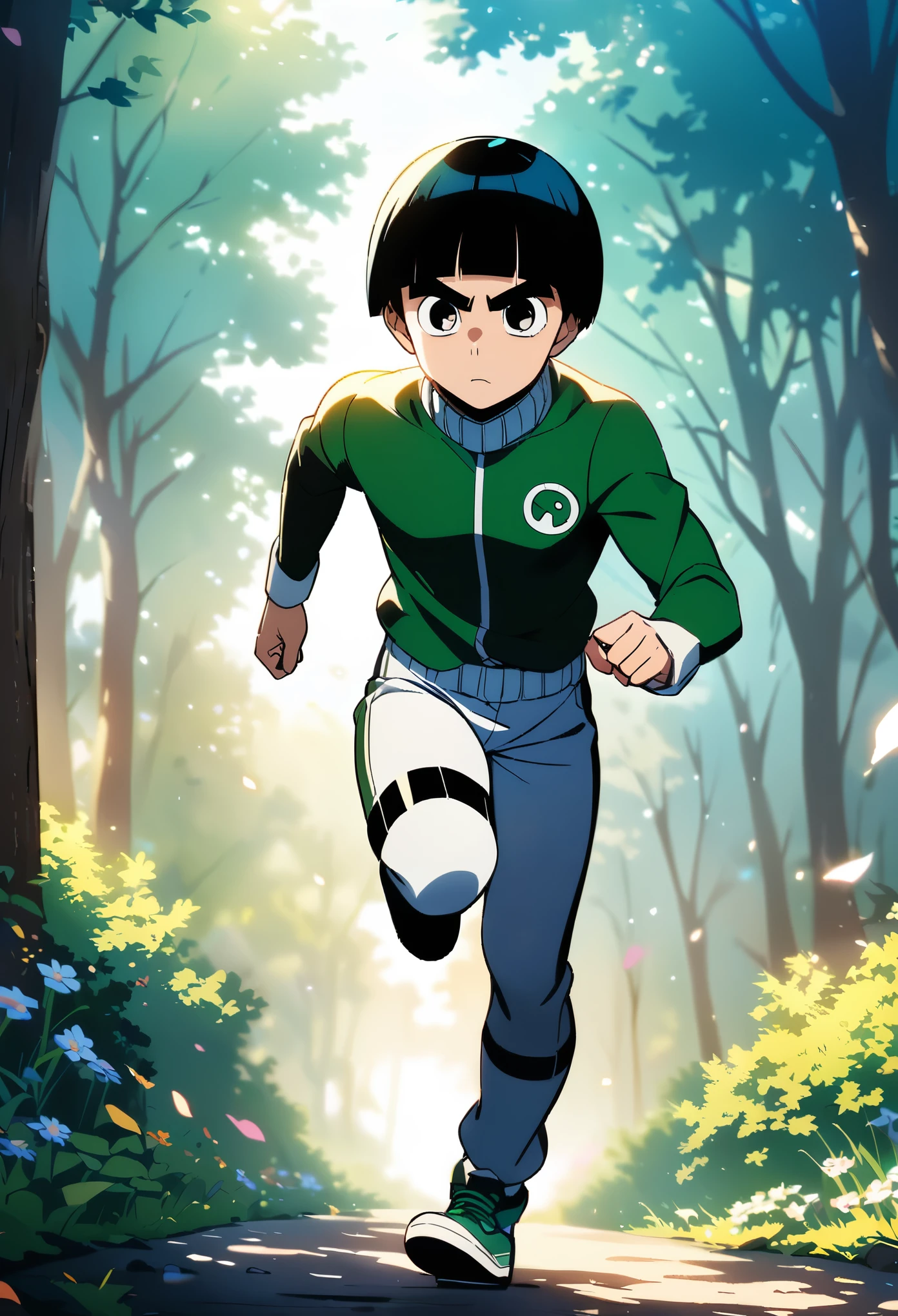 Rock Lee,running,morning, in spring,forest,masterpiece, best quality, official art, extremely detailed CG unity 8k wallpaper