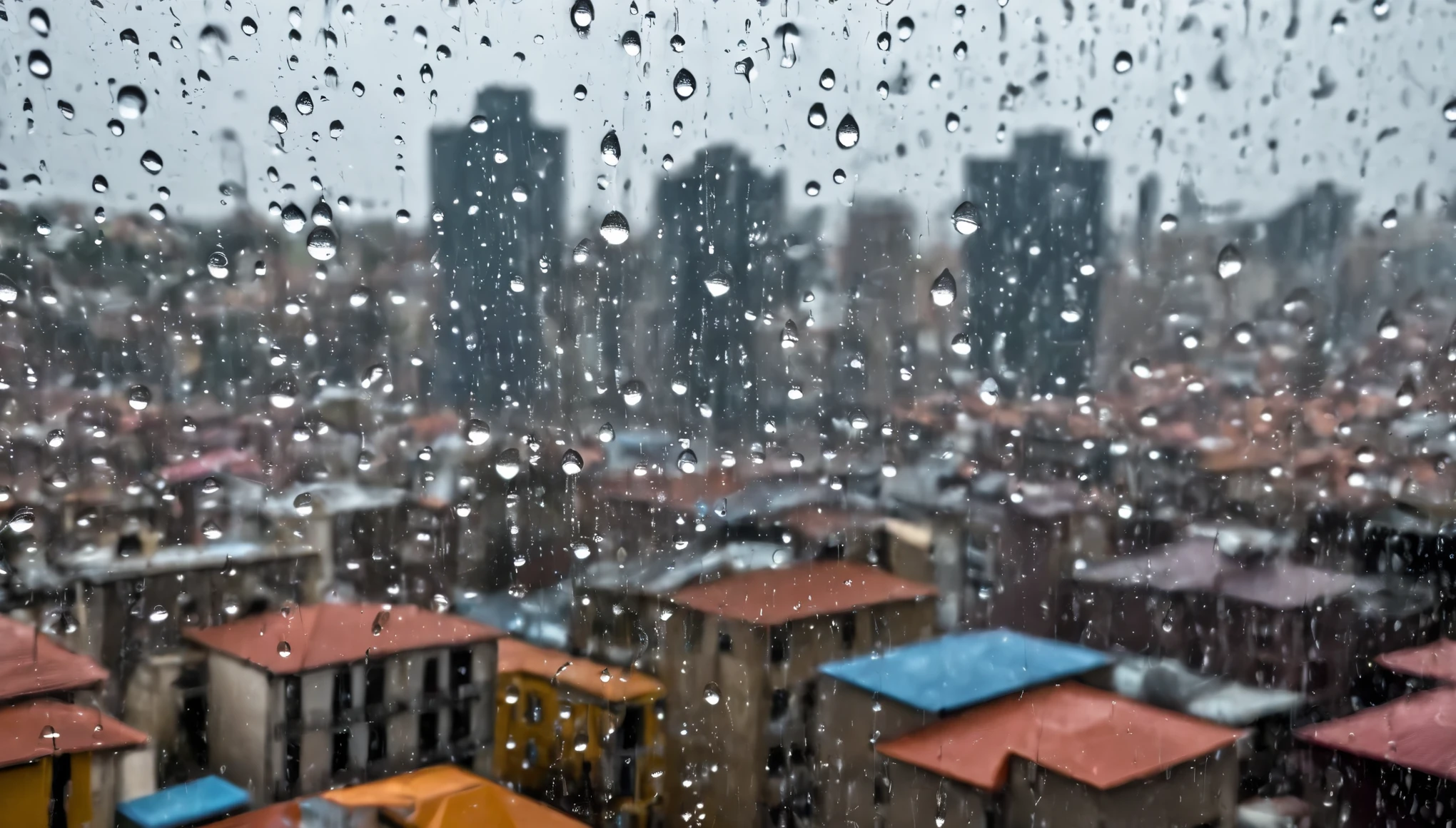 Image of rain droplets falling on the screen with buildings in the background. small rain droplets, shiny and translucent, algumas escorrendo pela tela. urban background buildings, parecidos com brooklin, with medium details, visible, num clima de polca neblina.