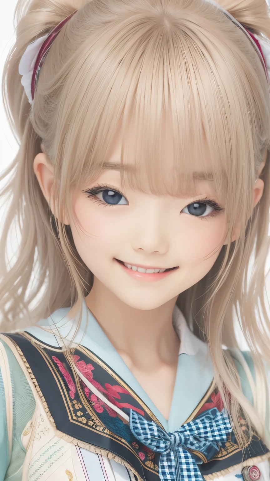 idol uniform , mic , stage , master piece , best quality , detailed , bangs , woman ,flat chest, smile