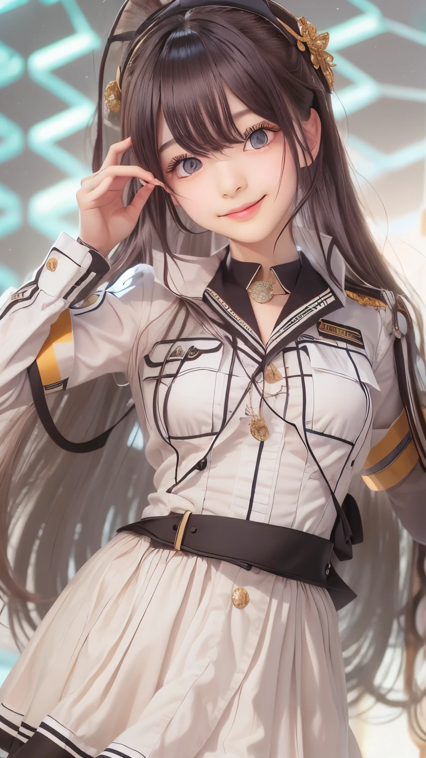 idol uniform , mic , stage , master piece , best quality , detailed , bangs , woman ,flat chest, smile

