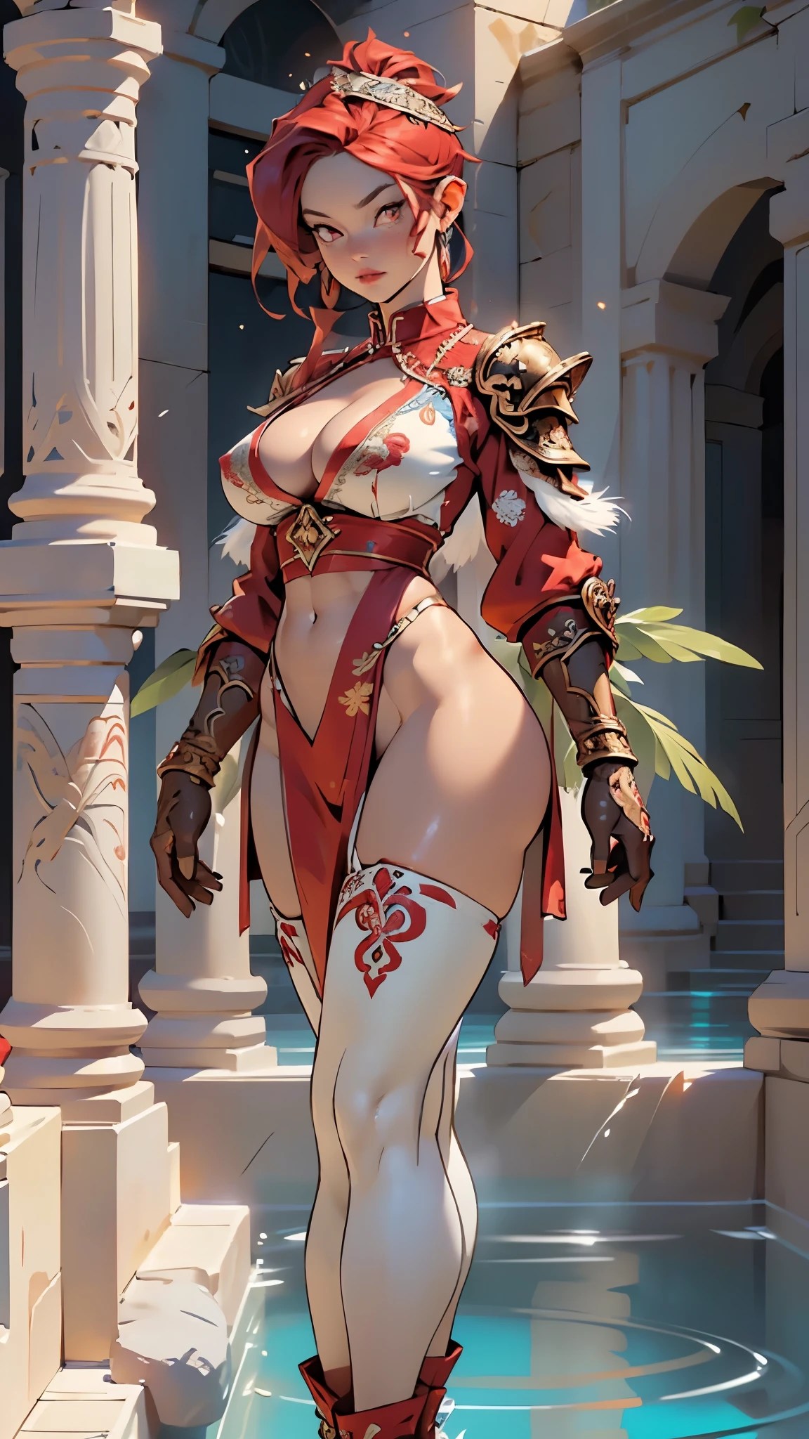 VALKYRIE,Ancient Valkyrie,((long braided red hair,red disheveled hair,red hair)),((large breasts,big boobs)),cute face, oval face,detailed face, (((red_eyes:1.3))),intricate eyes,beautiful detailed eyes,symmetrical eyes,big eyes:1.5,((fat)),(((lustrous skin:1.5,bright skin: 1.5,skin tanned,shiny skin,very shiny skin,shiny body,plastic glitter skin,exaggerated shiny skin,illuminated skin))),(spider lower abdomen,narrow waist,wide hip,athletic body,inflated legs,thick thighs,detailed body,(detailed face)),((muscle legs,muscular thighs,muscular girl,strong and muscular,muscular,feminine and muscular,huge stature,tall stature,very tall girl,(ABS:1.1))),

confident and stern,cute,slutty,seductive,erotic,(((nsfw))),

zettai ryouiki,revealing clothing,show skin,(cleavage), navel, Ombre lipstick,rune ornaments,metallic Crow,armor made of molten blue glass,symmetric molten wings,Nordic style,collarbone, r1ge, gold bikini armor,((big feather wings)), (grey feathers),red feathers,((barbarian queen, )),headband,skull hair ornament,steel bikini armor, gloves, pauldrons, shoulder armor, plated greaves, battleworn armor,fur paddings,torn red cape,(((intricate outfit,intricate clothes,embroidered outfit,ornate outfit))),

(dynamic pose:1.0),embarrassed,(centered,scale to fit dimensions,Rule of thirds),

((beautiful bath house made of greek marble and pillars, beautiful clear water in pool)),scenery:1.25,((intricate scenery)),((greek temple background)),

(Glossy greek ornaments),highres,sharp focus,(ultra detailed,extremely detailed),(photorealistic artwork:1.37),(extremely detailed CG unity 8k wallpaper),(((vibrant colors,vibrant theme))),(intricate),(masterpiece),(best quality),artistic photography,(photography taken by sldr),(intricate background),perfect rendered face,perfect face details,realistic face,photo realistic,((intricate detail)),(((realism))),
