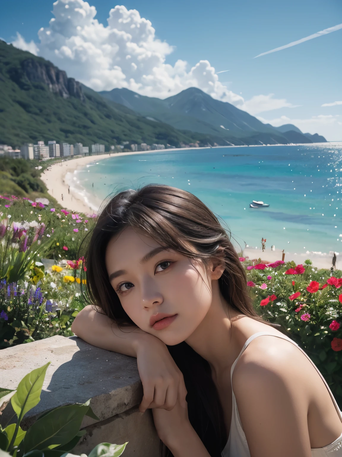 ((pure beauty:0.8, Surreal:1.2)), white people'meat:1.2, Bright Eyes:1.1), Bright contrast and colors:1.1, high surface area:1.1, Picture quality:ultra high definition:1.Altrat, high nose bridge, Dynamic angle, Clouds and seas, Garden in the foreground, Light tracing, lifelike, Informal art, unified 8k, masterpiece,best quality, glowing skin, movie lighting,