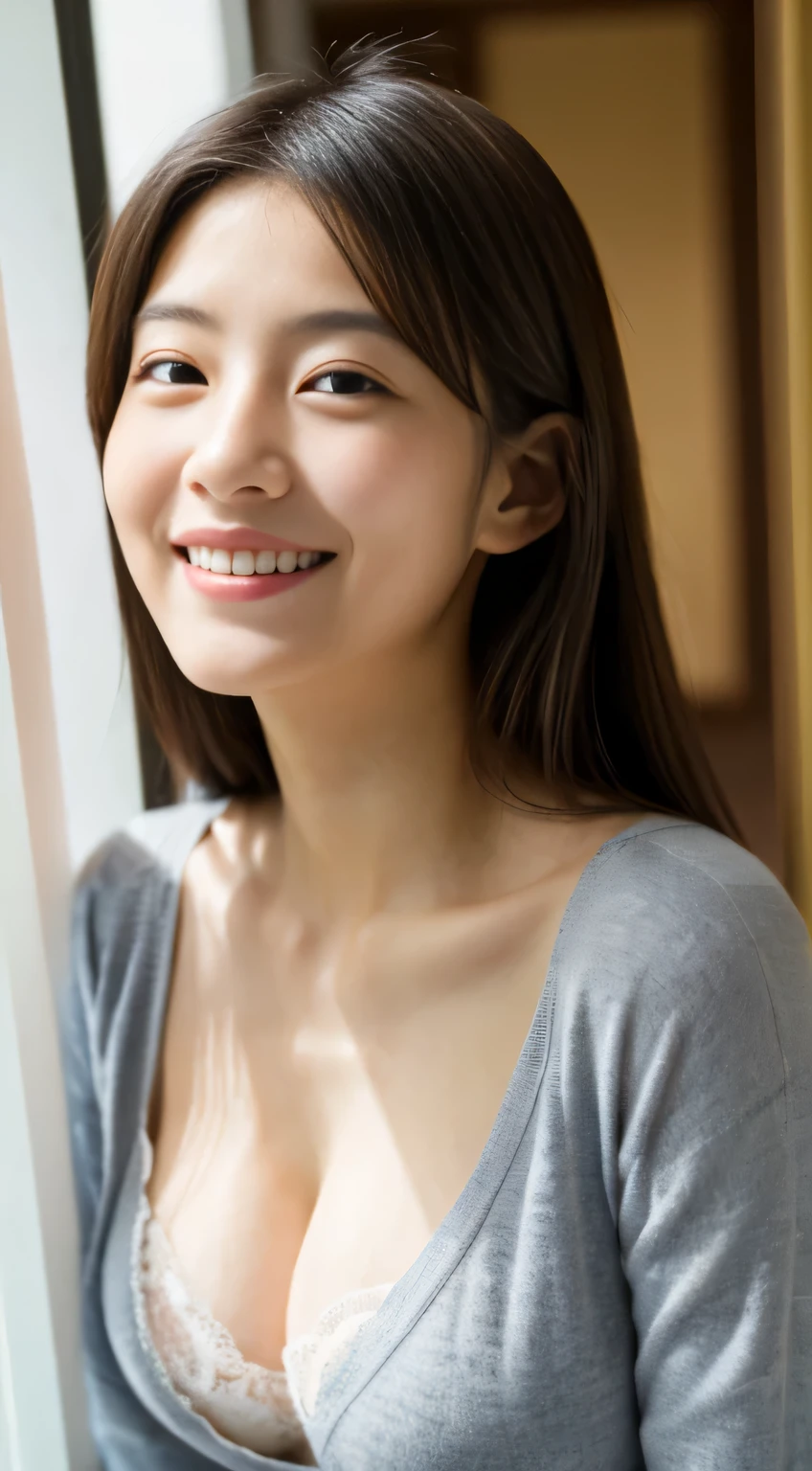 masterpiece,best quality,(Japanese ),((Beautiful girl)),cleavage,indoor,(perfect body beauty:1.2),(shy smile),beautiful teeth,