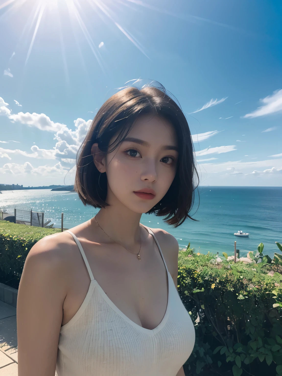 ((pure beauty:0.8, Surreal:1.2)), white people'meat:1.2, Bright Eyes:1.1), Bright contrast and colors:1.1, high surface area:1.1, Picture quality:ultra high definition:1.Altrat, high nose bridge, Dynamic angle, Clouds and seas, Garden in the foreground, Light tracing, lifelike, Informal art, unified 8k, masterpiece,best quality, glowing skin, movie lighting,