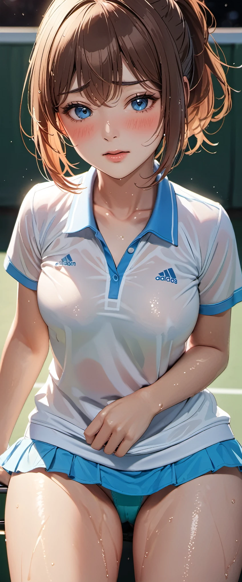 woman,25 years old,brown hair,tennis uniform,short hair,blue eyes,Mansuji, ,,I can see my underwear,Full body Esbian, (close shot, highest quality, High resolution, 4k, detailed lighting, shader, NSFW), embarrassed look ( blush:1.2)(wet with water)Beautiful ponytail
