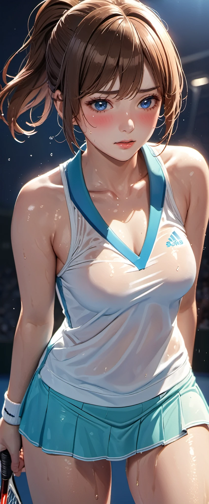 woman,25 years old,brown hair,tennis uniform,short hair,blue eyes,Mansuji, ,,I can see my underwear,Full body Esbian, (close shot, highest quality, High resolution, 4k, detailed lighting, shader, NSFW),  embarrassed look  ( blush:1.2)(wet with water)Beautiful ponytail