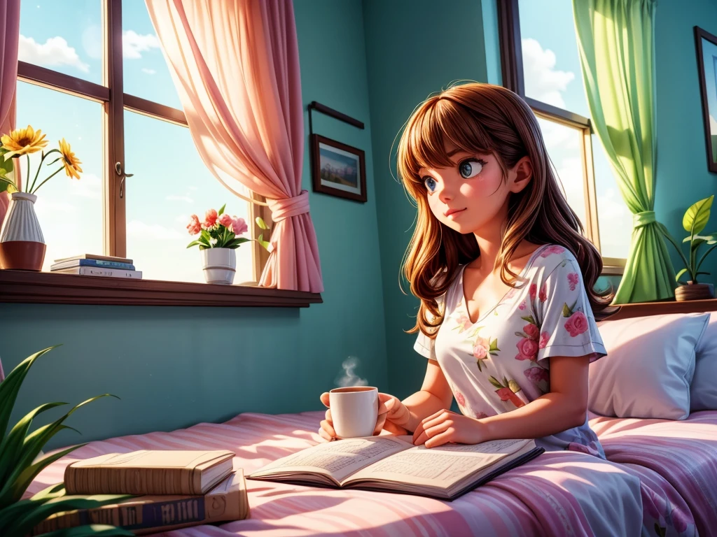 (best quality,highres,ultra-detailed),a girl drinking coffee on the bed in the morning sunlight coming in from the window,illustration,soft pastel colors,beautiful detailed eyes,beautiful detailed lips,flowing long hair,sunlight casting a warm glow,peaceful and serene atmosphere,comfortable and cozy bedroom,floral patterned sheets and blankets,coffee cup with steam rising,relaxed posture,sun rays filtering through the curtains,gentle breeze,quiet and calm surroundings,colorful flowers in a vase on the bedside table,vibrant green plants in the room,sparkling sunlight reflecting on the coffee cup,enjoying a moment of tranquility and relaxation.