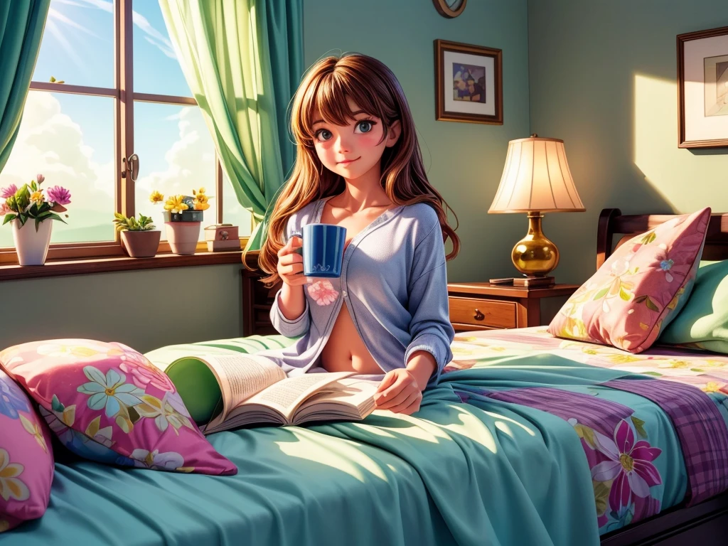 (best quality,highres,ultra-detailed),a girl drinking coffee on the bed in the morning sunlight coming in from the window,illustration,soft pastel colors,beautiful detailed eyes,beautiful detailed lips,flowing long hair,sunlight casting a warm glow,peaceful and serene atmosphere,comfortable and cozy bedroom,floral patterned sheets and blankets,coffee cup with steam rising,relaxed posture,sun rays filtering through the curtains,gentle breeze,quiet and calm surroundings,colorful flowers in a vase on the bedside table,vibrant green plants in the room,sparkling sunlight reflecting on the coffee cup,enjoying a moment of tranquility and relaxation.