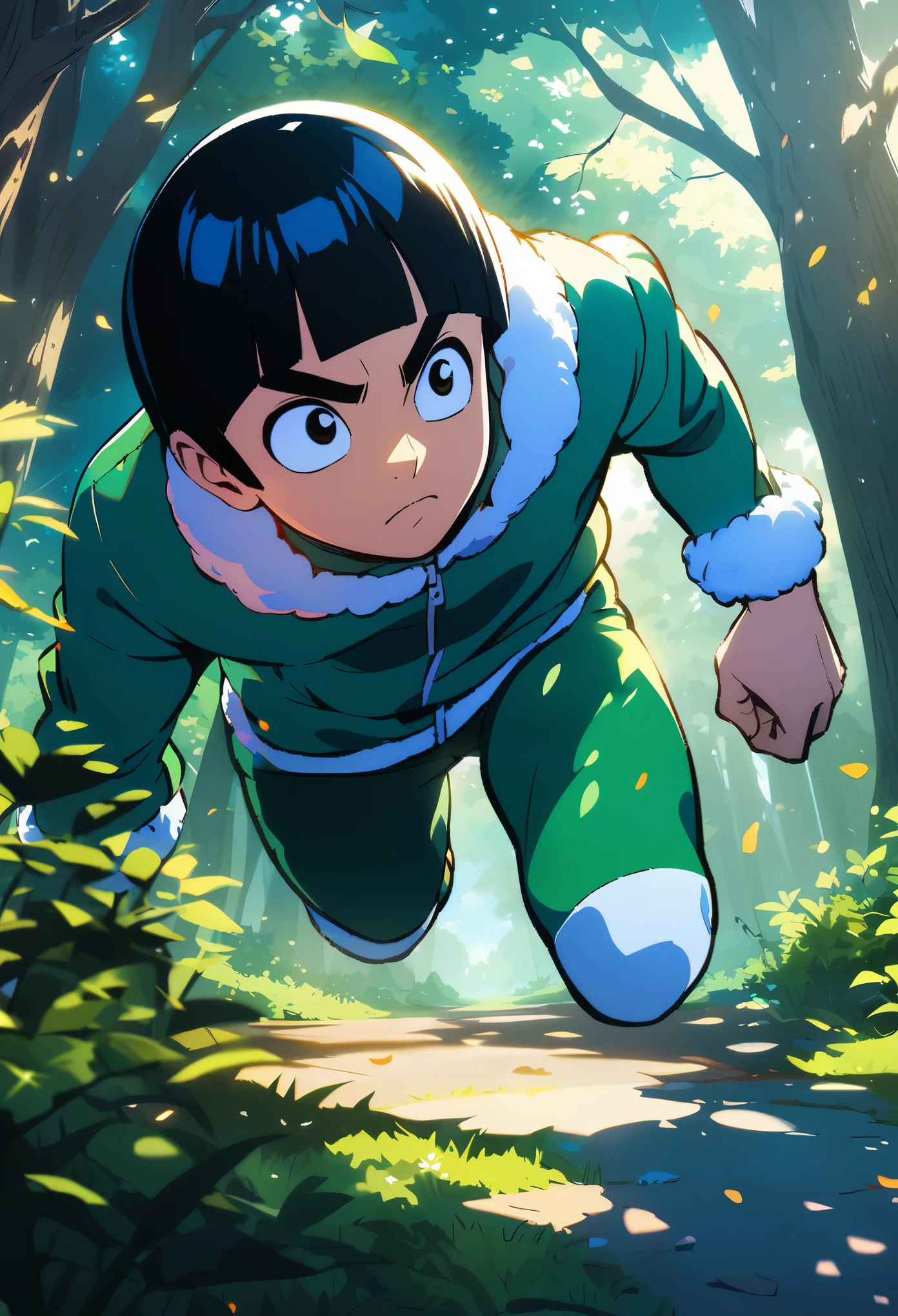 Rock Lee,running,morning, in spring,forest,masterpiece, best quality, official art, extremely detailed CG unity 8k wallpaper