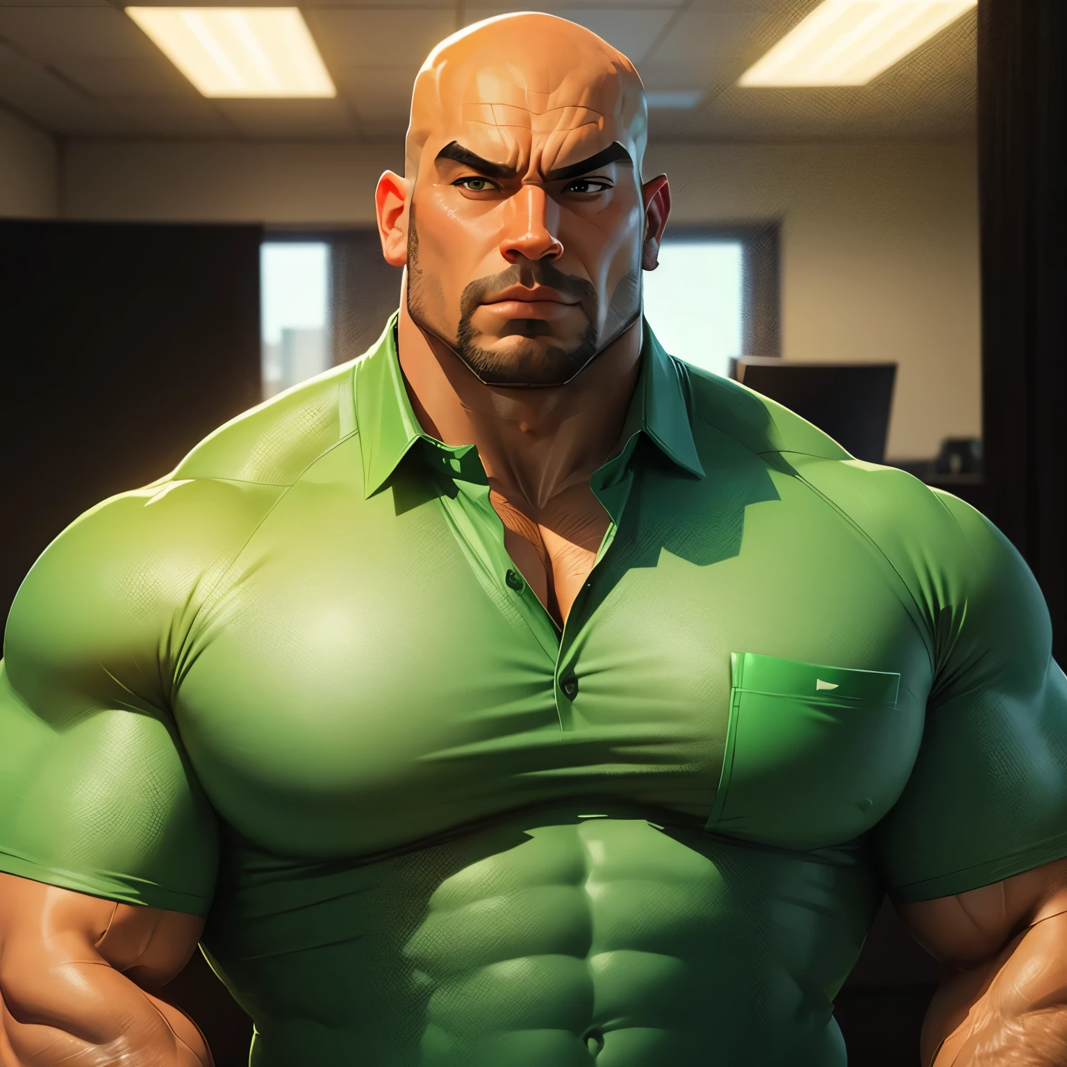 an exaggeratedly muscular and large bald bodyguard, beefy build, mixed race, raising one eyebrow, (wearing green business casual shirt: 1.2), name tag, (bara pecs: 1.3), (arm and chest hair: 1.1), close-up portrait HD, bright corporate office with large windows