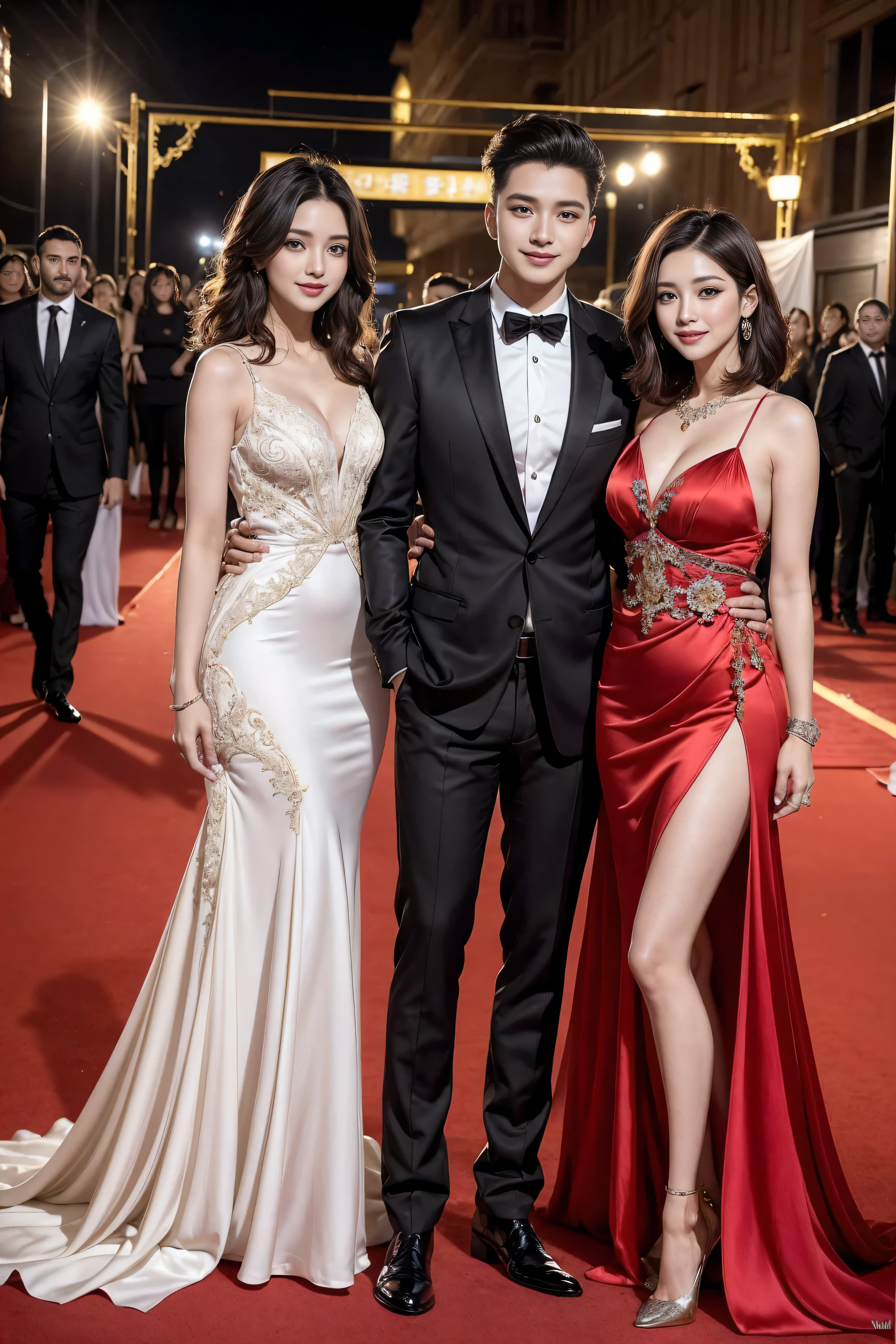 Mature beauty VN03, 1 charming, (Smile:1.2) stunning beautiful wife, 20 years、 High_fashion, designer dress, 2 beautiful adults posing for photo, fashion excellence, game_north african trade zone, angry, crazy, dark red eyes, Light brown delicate medium and short hair，The ends of the hair are wavy，elegant hairstyle, catwalk \(aisle\), , rich and colorful, bright colors, Body proportions，(Sexy silk dress:1.2), rest black long hair, rest (ceremony, Red carpet, large crowd:1.5),, best quality, absurd, best quality, stunning details, 8k, Aesthetic,