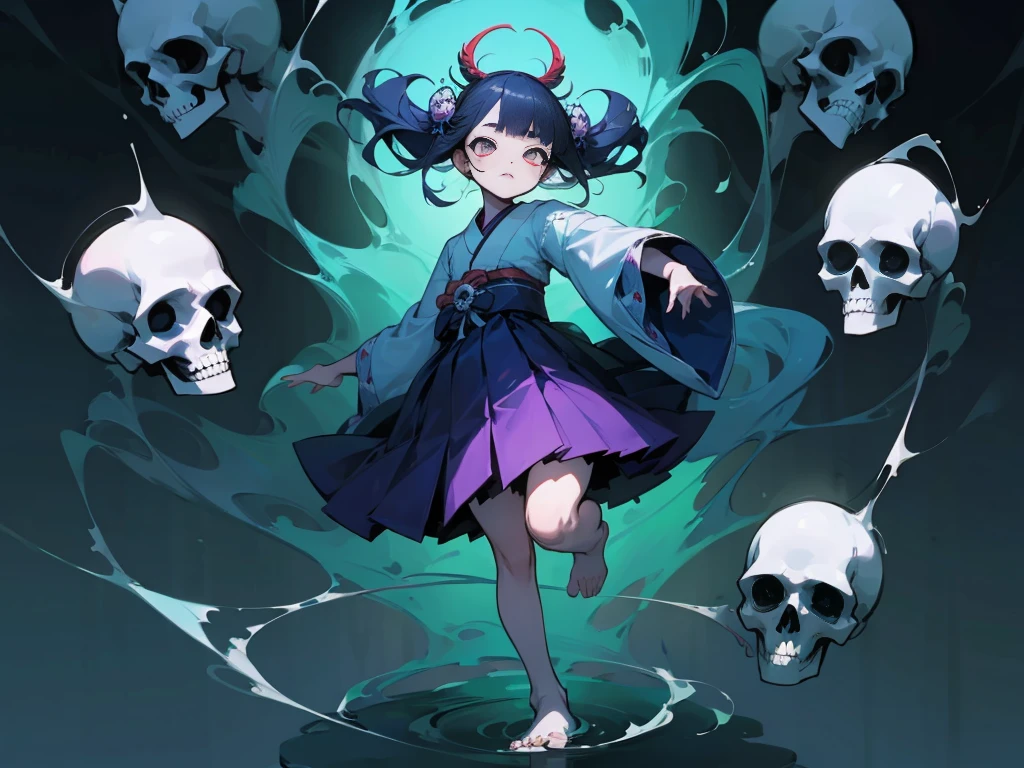 ((Japanese high school girl))、scribble, doll-like face, cartoon style, rough sketch, Horror elements, (masterpiece), (High resolution), (super delicate), (clear), Comic style illustration, (drawing style), full body scary, (Creepy), Japanese carving,crazy illustration, flat illustration, Creepyな外観, distinctive hairstyle, unique atmosphere、(colorful background)、barefoot、background with dancing skulls