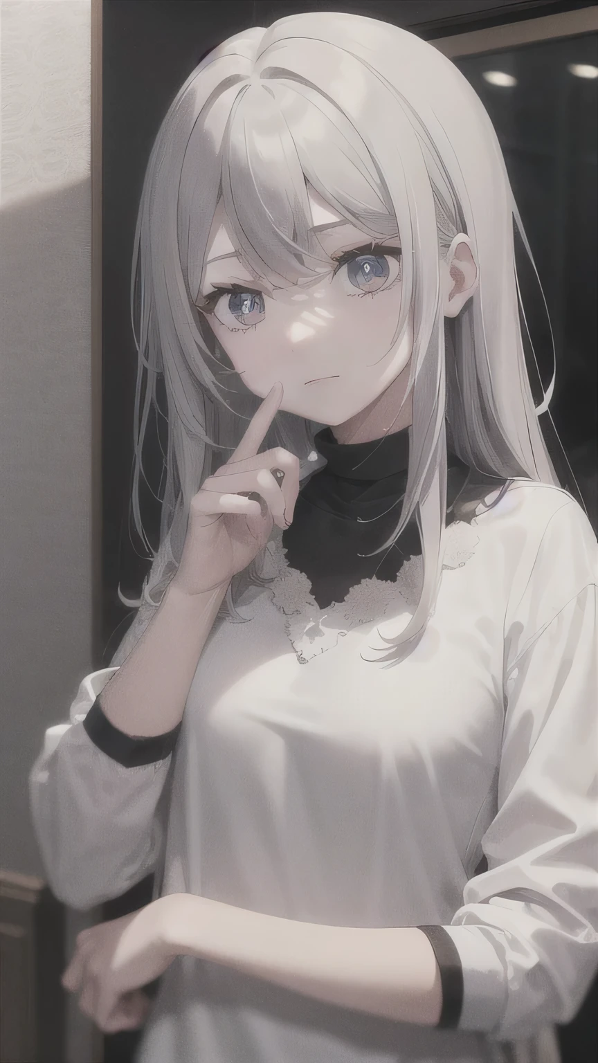 ((masterpiece, best quality))++, Detail lights+, detail hair+, Detail hand+ ,1 girl, Honey, (long gray hair)++, dark blue eyes, beautiful eyes, Young gray hair,,(beautiful white hair:1.5),(beautiful eyes), high resolution+, black stockings , a white pajamas, Glass tones, Reflective eyeanyery detail wallpaper, The original, ,scassue card ,Nature,White rose