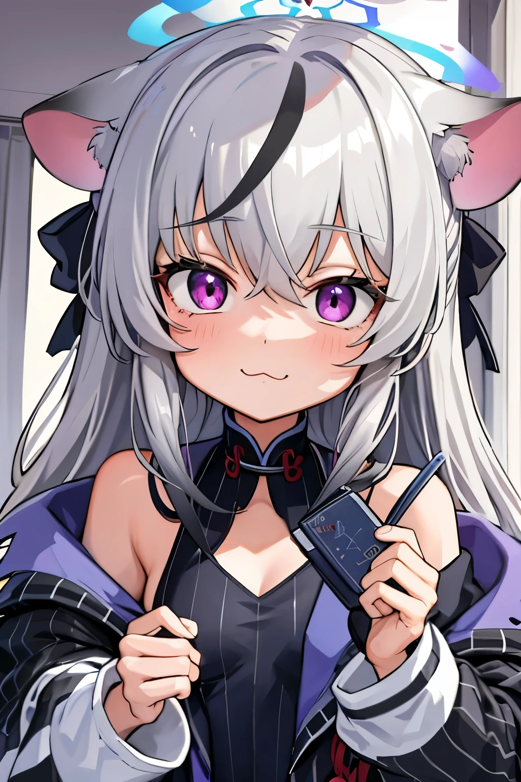 tmasterpiece， best qualtiy， ultra - detailed， 1girll，Gray hair Kokona， inside in room， Purple eye， ：3，the face  closeup cleavage,  Winter suit, winter wonder