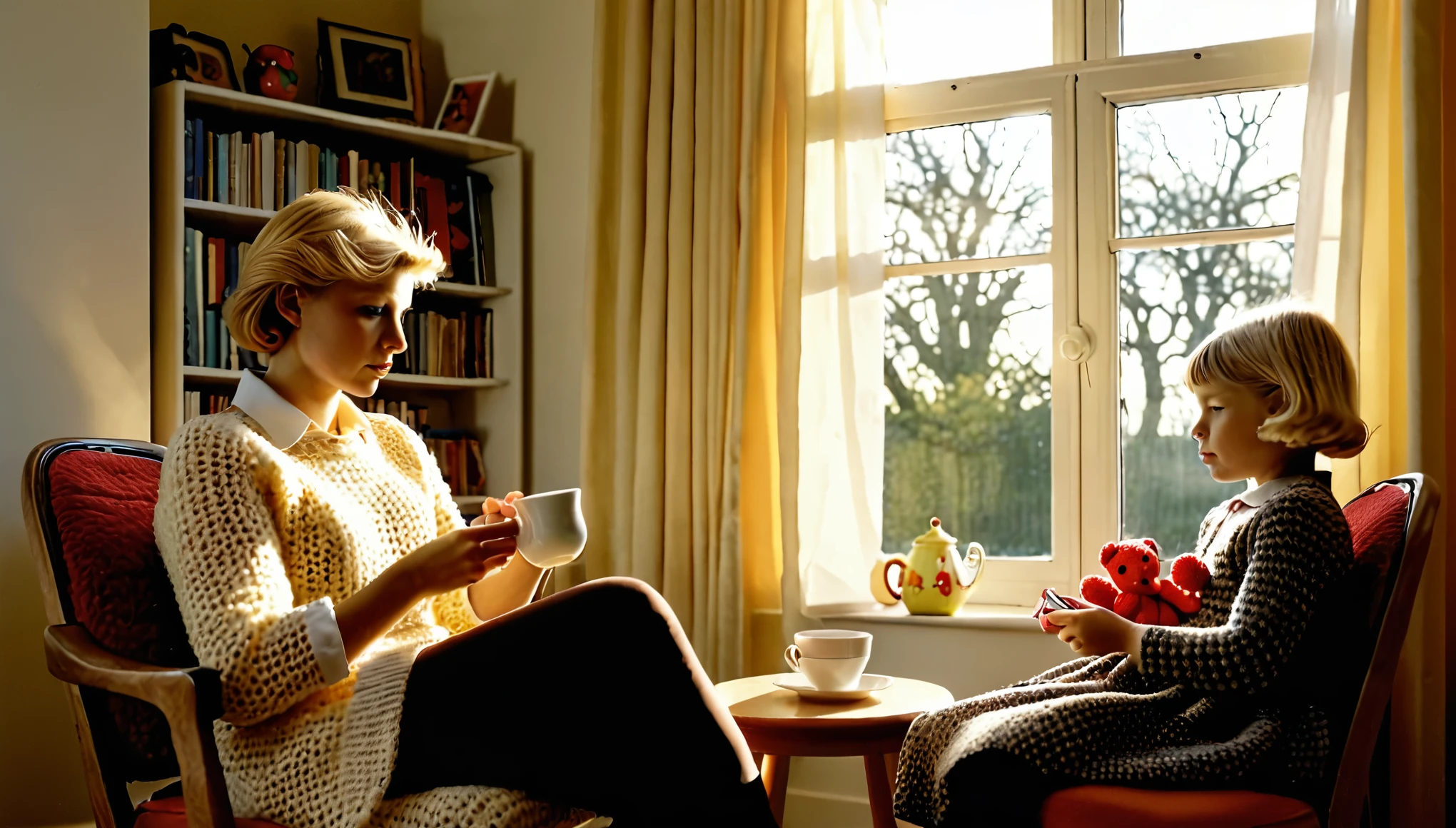 cinematic photo style by Jeanloup Sieff, 1 girl with a woman 50 years old with short blond hair, girl crocheting knitted toys while sitting in a deep chair, Group portrait, against the background of a white wall of children's drawings and a window with curtains, on a wooden table there is one white mug full of tea, books, the sun falls through the window, evening, film, bokeh, professional, 4k, highly detailed,