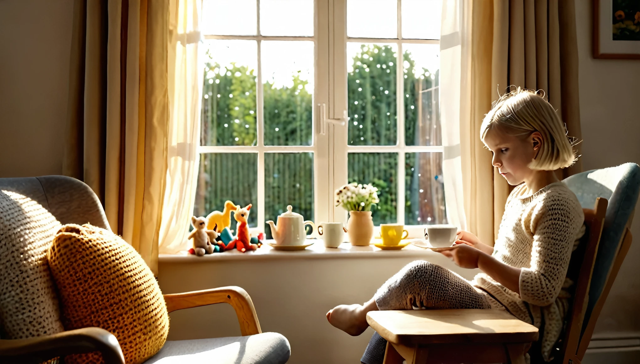 cinematic photo style by Snowdon, 1 girl with a woman 50 years old with short blond hair, girl crocheting knitted toys while sitting in a deep chair, Group portrait, against the background of a white wall of children's drawings and a window with curtains, on a wooden table there is one white mug full of tea, books, the sun falls through the window, evening, film, bokeh, professional, 4k, highly detailed,