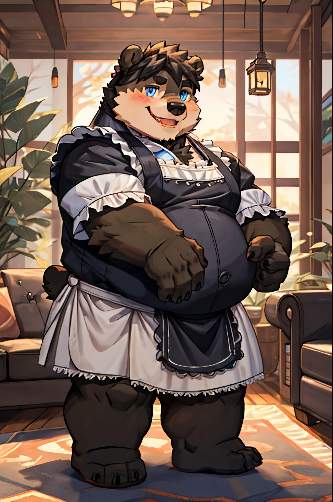 (8K, Masterpiece, high resolution, super fine illustration:1.3), (mature, proud, arrogant, noble, dignified:1.35), fluffy, deep blue eyes, perfect anatomy, detailed background, (solo, silver fur, 1 female wolf kemono:1.5), at European style café, (Victorian maid clothing, very short skirt:1.75), short hair, wavy hair, (too small tops for breasts, very undersized tops, very tight tops:1.75), (tall:1.25), looking down on viewer, (topheavy, huge breasts, cleavage:1.95), soft breasts, (thicc:1.5), (navel visible, plump, fat, pudgy, chubby:1.65), (muffintop, lovehandle:1.5), (thicc, thick thighs, huge ass:1.55), (hands on waist, grinning:1.5), (from below:1.35)