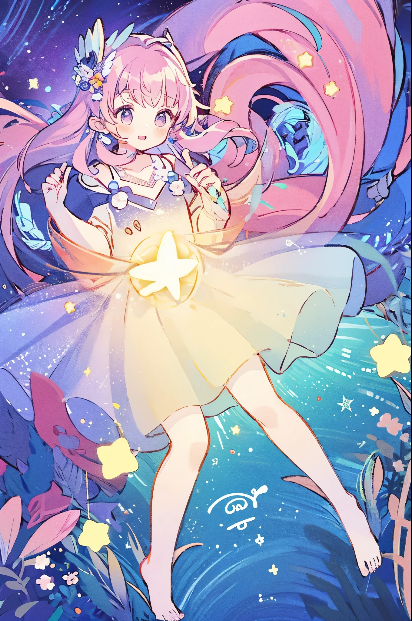 complex background, wishing star background, a woman wearing an ethereal mystical pink translucent dress that reflects the stars, perfume promo art, mystic, complex drawing, highly detailed, Covergirl brand, promo art, artistic rendition, ethereal, starry night, midjourney style