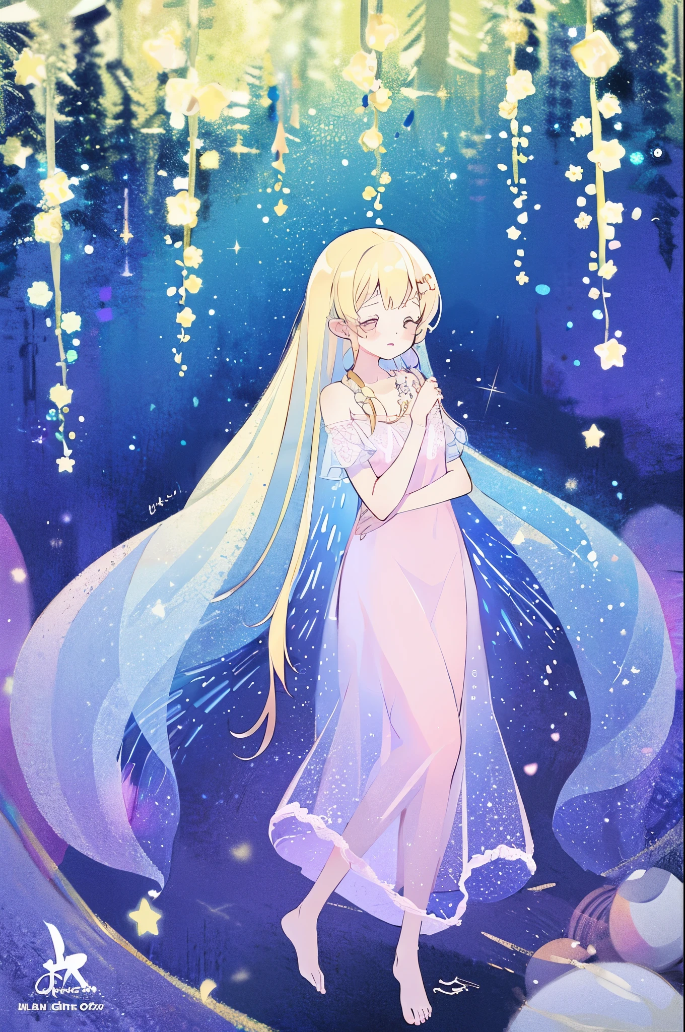 complex background, wishing star background, a woman wearing an ethereal mystical pink translucent dress that reflects the stars, perfume promo art, mystic, complex drawing, highly detailed, Covergirl brand, promo art, artistic rendition, ethereal, starry night, midjourney style