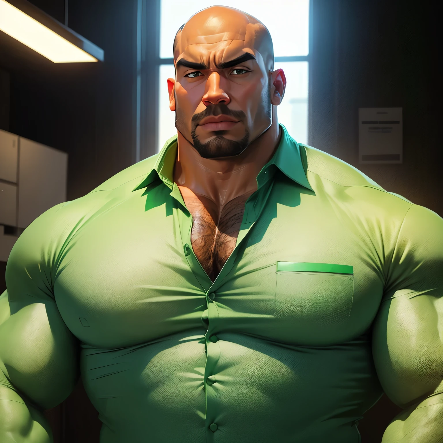 an exaggeratedly muscular and large bald bodyguard, beefy build, mixed race, raising one eyebrow, (wearing green business casual shirt: 1.2), name tag, (bara pecs: 1.3), (arm and chest hair: 1.1), close-up portrait HD, bright corporate office with large windows