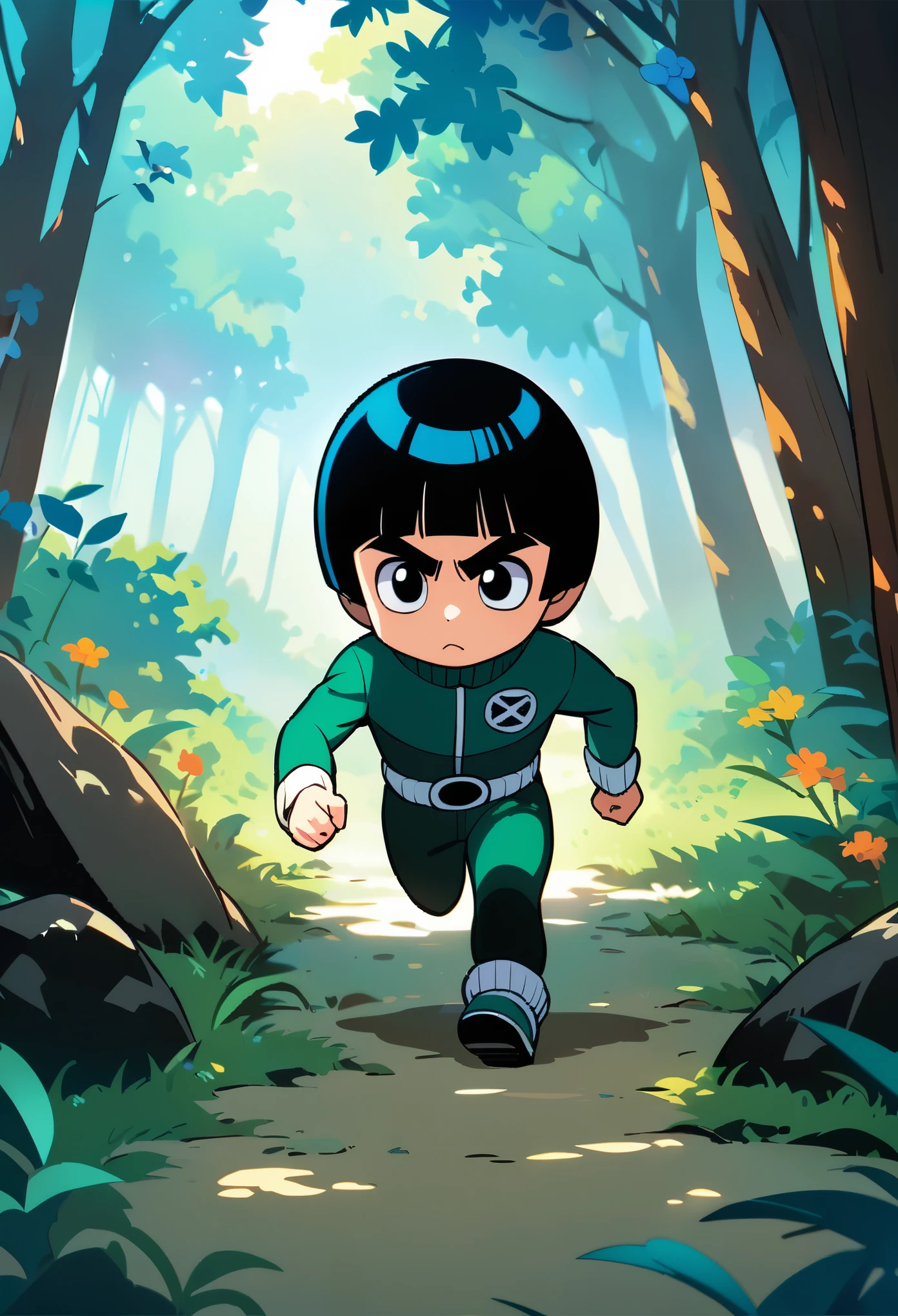 Rock Lee,running,morning, in spring,forest,masterpiece, best quality, official art, extremely detailed CG unity 8k wallpaper,chibi,full body shot,, natural lighting, vibrant colors, and a detailed background.