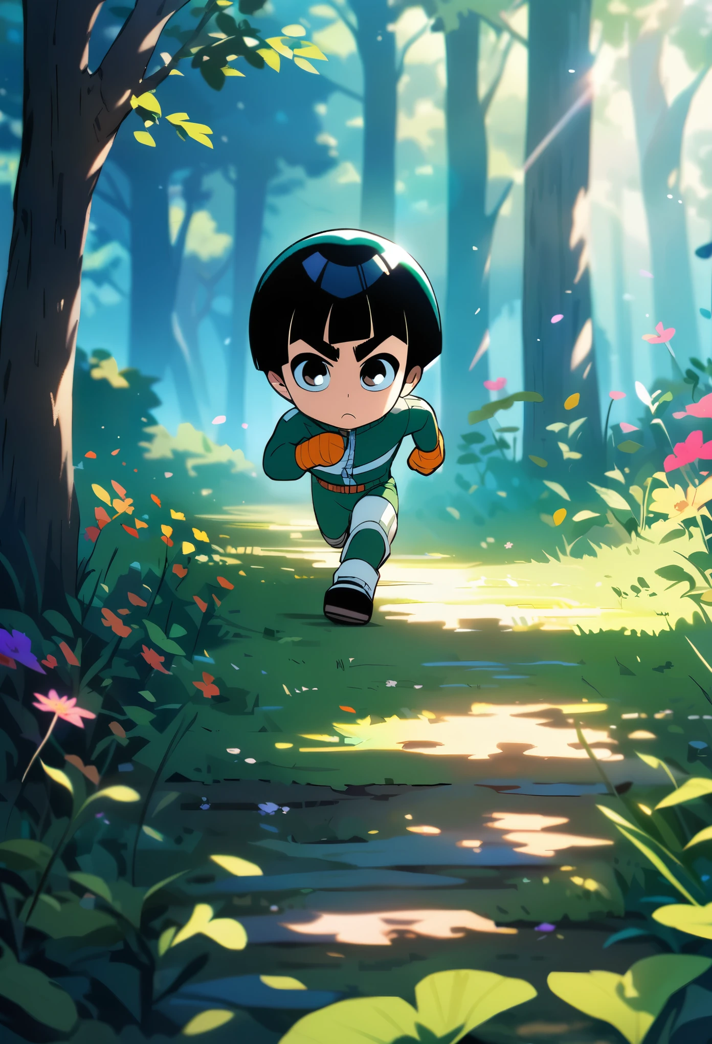 Rock Lee,running,morning, in spring,forest,masterpiece, best quality, official art, extremely detailed CG unity 8k wallpaper,chibi,full body shot,, natural lighting, vibrant colors, and a detailed background.