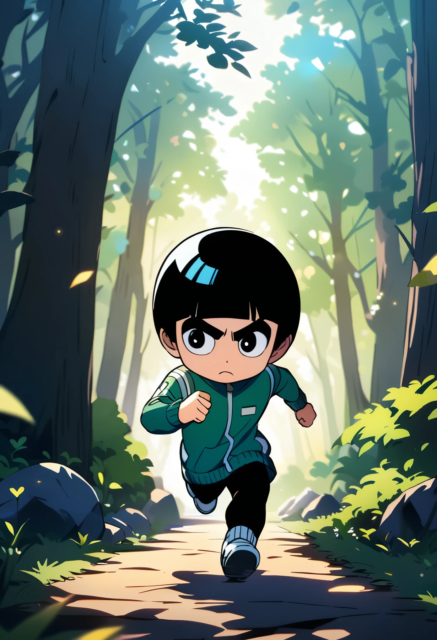 Rock Lee,running,morning, in spring,forest,masterpiece, best quality, official art, extremely detailed CG unity 8k wallpaper,chibi,full body shot,, natural lighting, vibrant colors, and a detailed background.