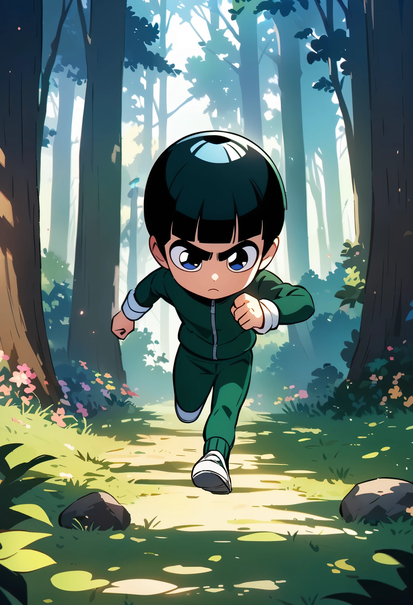 Rock Lee,running,morning, in spring,forest,masterpiece, best quality, official art, extremely detailed CG unity 8k wallpaper,chibi,full body shot,, natural lighting, vibrant colors, and a detailed background.