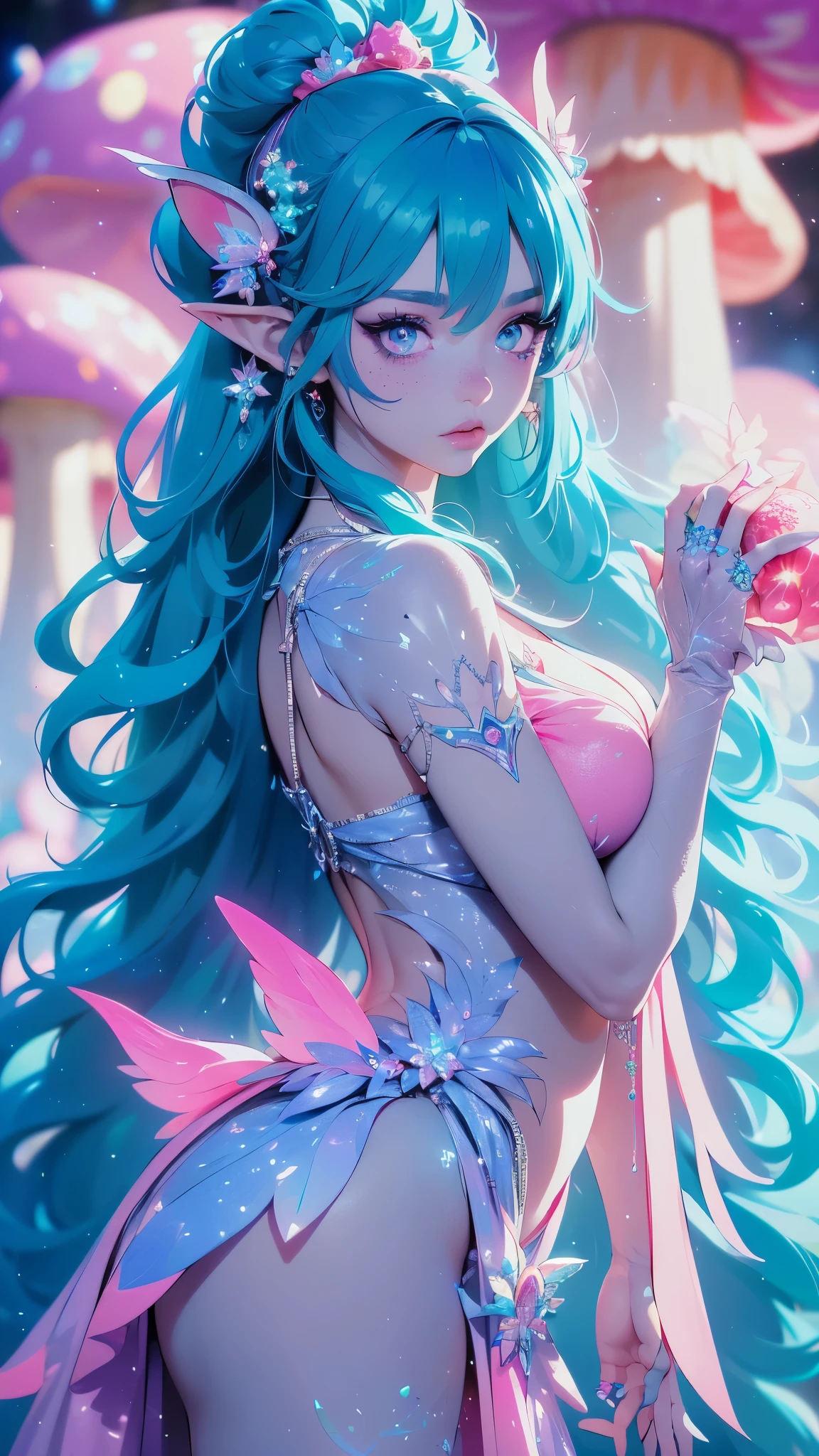 Absolute highest quality, Ultra-high resolution, Exceedingly detailed, Current anime style), Cute anime girl with elf features, in a lush forest, (dyed skin: 1.4), (Vibrant blue hair: 1.4), (wearing cute pink magical girl outfit: 1.4), (youthful face: 1.4), petite, slim figure, big sparkling eyes, small upturned nose, (long pointed ears), (adorable freckles on face: 1.4), fluffy bangs, strong contrast shadows, film grain, (background of dense forest with oversized flowers), (perfect anime anatomy), (detailed fingers: 1.4), (mystical aura V2.1), (bright colors), (magical pink aura V2.1), (giant glowing mushrooms in various shades of blue: 1.4), (neon pink magical outfit: 1.4), (no mutations