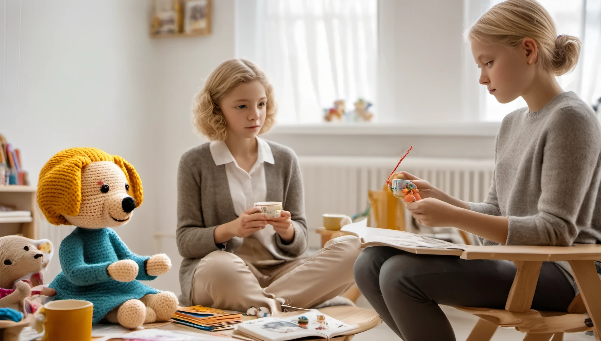 cinematic photo style by Snowdon, 1 girl with a woman with short blond hair, girl crocheting knitted toys while sitting in a deep chair, Group portrait, against the background of a white wall of children's drawings and a window with curtains, on a wooden table there is one white mug full of tea, books, film, bokeh, professional, 4k, highly detailed,