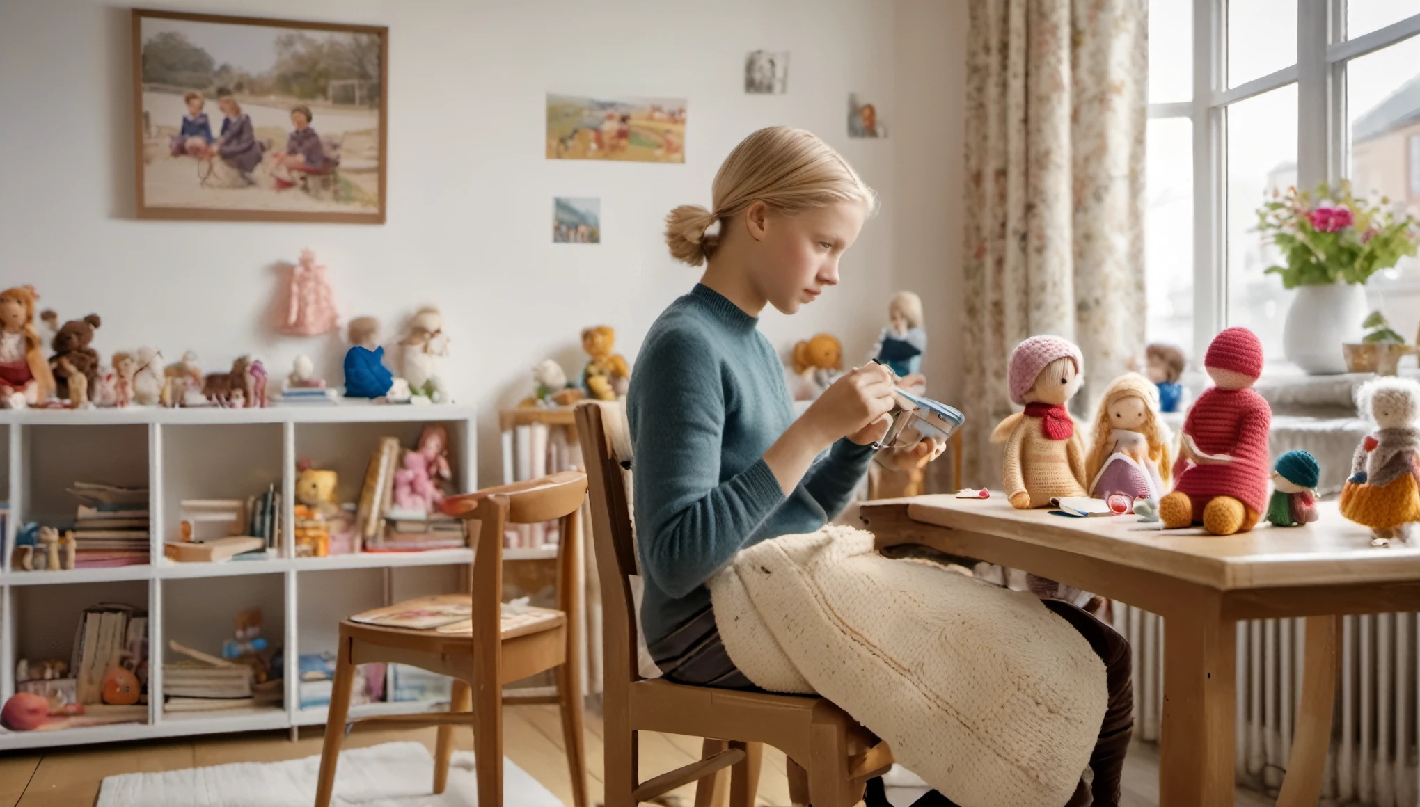 cinematic photo style by Henri Cartier-Bresson, 1 girl 14 years old with a woman with short blond hair, girl crocheting knitted toys while sitting in a deep chair, Group portrait, against the background of a white wall of children&#39;s drawings and a window with curtains, on a wooden table there is one white mug full of tea, books, film, bokeh, professional, 4k, highly detailed,