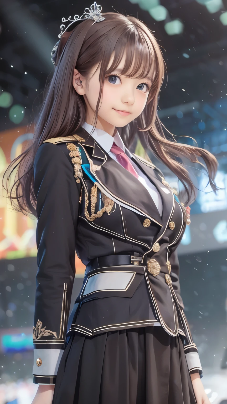 idol uniform , mic , stage , master piece , best quality , detailed , bangs , woman ,flat chest, smile