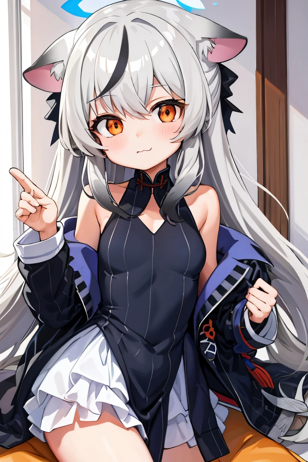 tmasterpiece， best qualtiy， ultra - detailed， 1girll，Gray hair Kokona， inside in room， Orange eye， ：3，the face,  closeup cleavage,  Winter suit, winter wonder