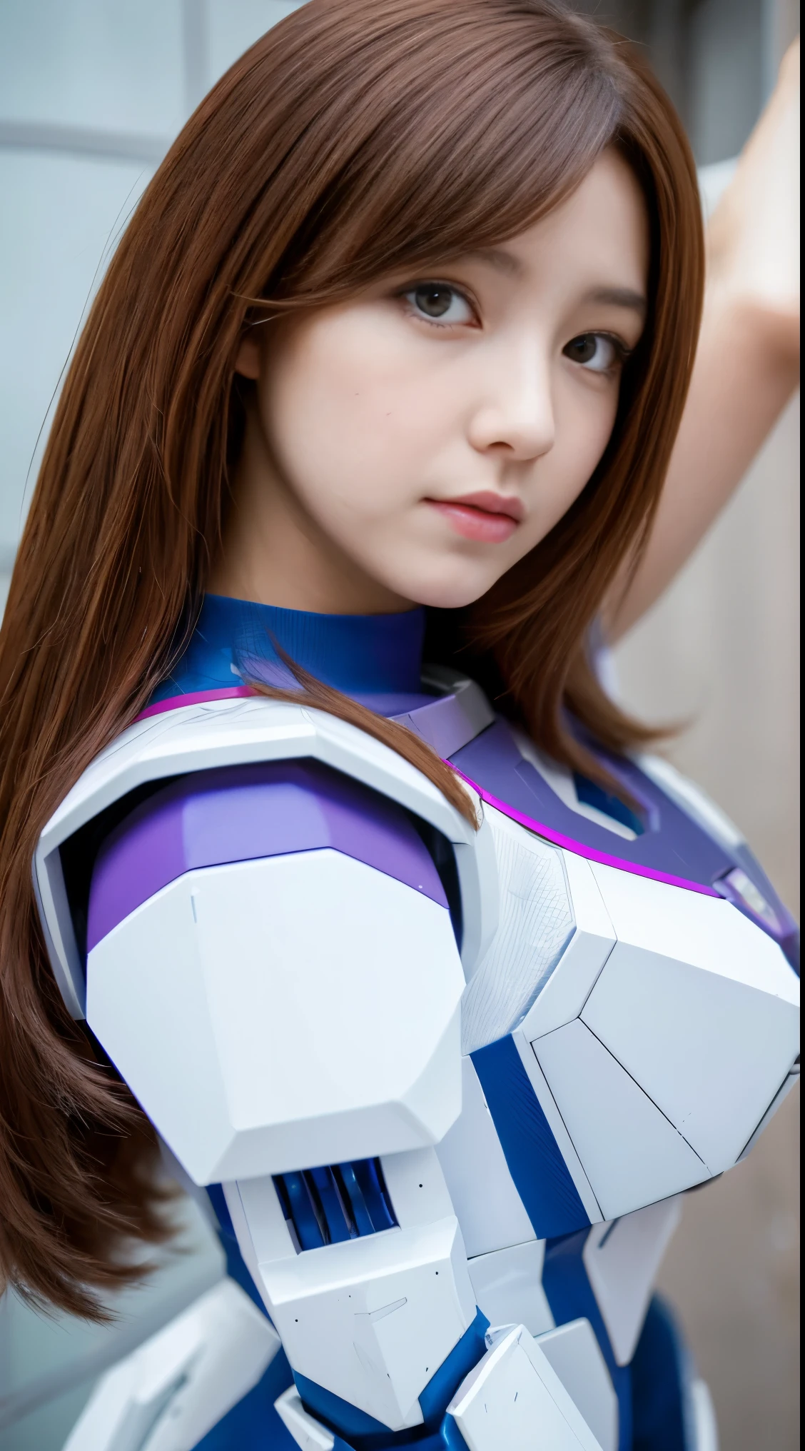 RAW, Masterpiece, Ultra Fine Photo,, Best Quality, Ultra High Resolution, Photorealistic, Sunlight, Full Body Portrait, Stunningly Beautiful,, Dynamic Poses, Delicate Face, Vibrant Eyes, (Side View) a close up of a woman in a pink and white gundam custume, dybamic pose, long brown very very very long long hair rapunzel, girl in mecha cyber armor, portrait armored astronaut girl, d. va from overwatch, female mecha, on a gundam, gundam head, chiho aoshima color scheme, mobile suit, streamlined purple armor, fully robotic!! girl, realistic cosplay, gundam armor (dynamic pose) (best cameraview), full body, sit down