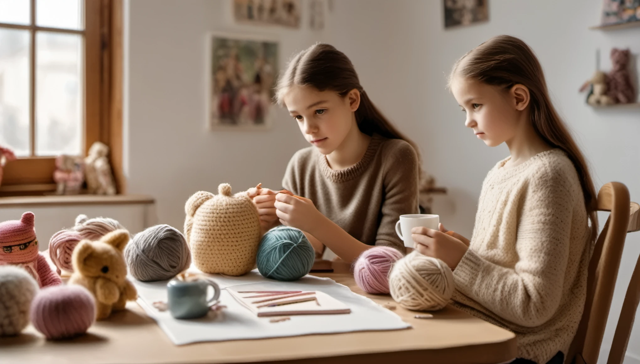 cinematic photo style by Henri Cartier-Bresson, 1 girl 14 years old with her mother, girl crocheting knitted toys while sitting in a deep chair, Group portrait, against the background of a white wall of children's drawings and a window, on a wooden table there is one white mug full of tea, books, film, bokeh, professional, 4k, highly detailed,
