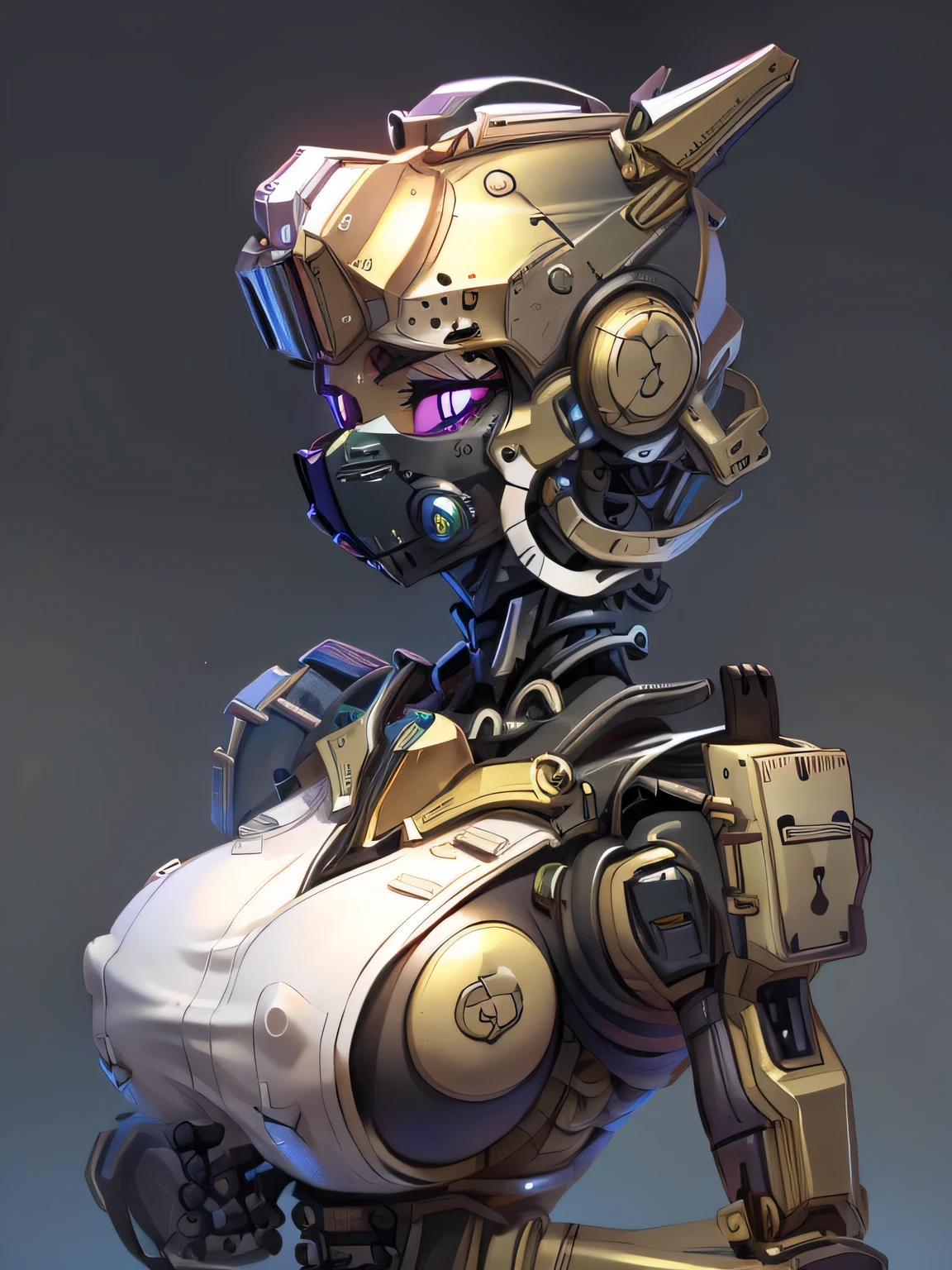 robot girl, humanoid robot, robot joints, full face mask, huge tits