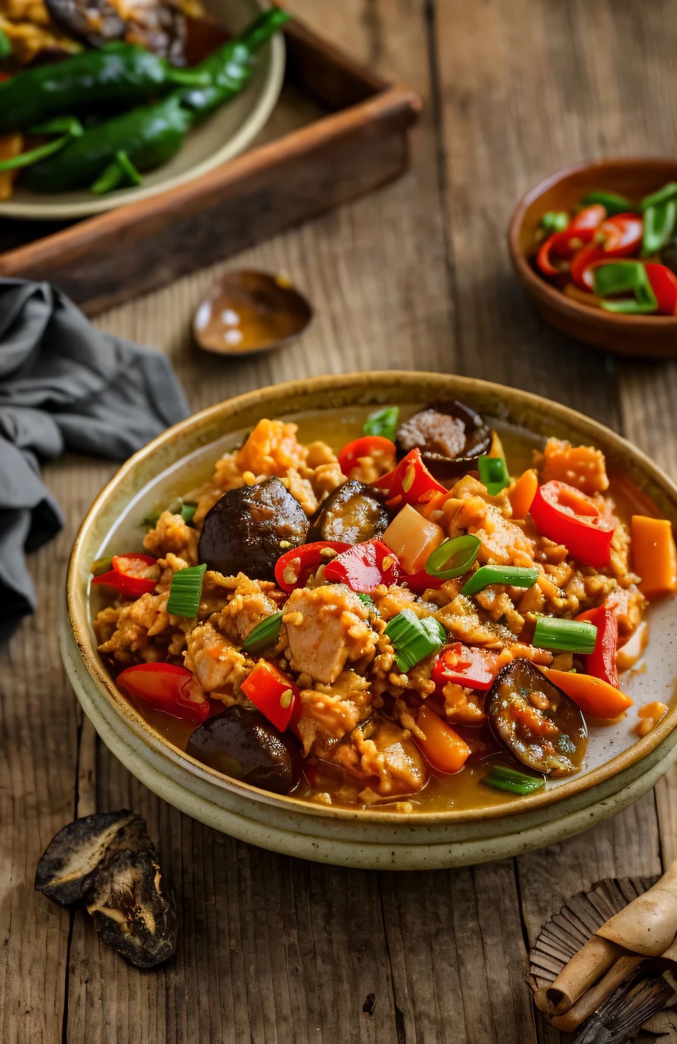 there is a bowl of food that is on a table, Spicy hot，Yellow stewed chicken rice，a lot of chicken，Green onion，ratatouille style, high quality food photography, professional food photography, stew, shrine maiden, Morocco, gujian, stunning images, tasty, Full of energy and vitality, Canon eos r 6 shot, 3 4 5 3 1, Full of energy and strength, hd food photography, sharp contrast, detailed picture, food photography，Chinese style，masterpiece，Exquisite，Lots of details，8k