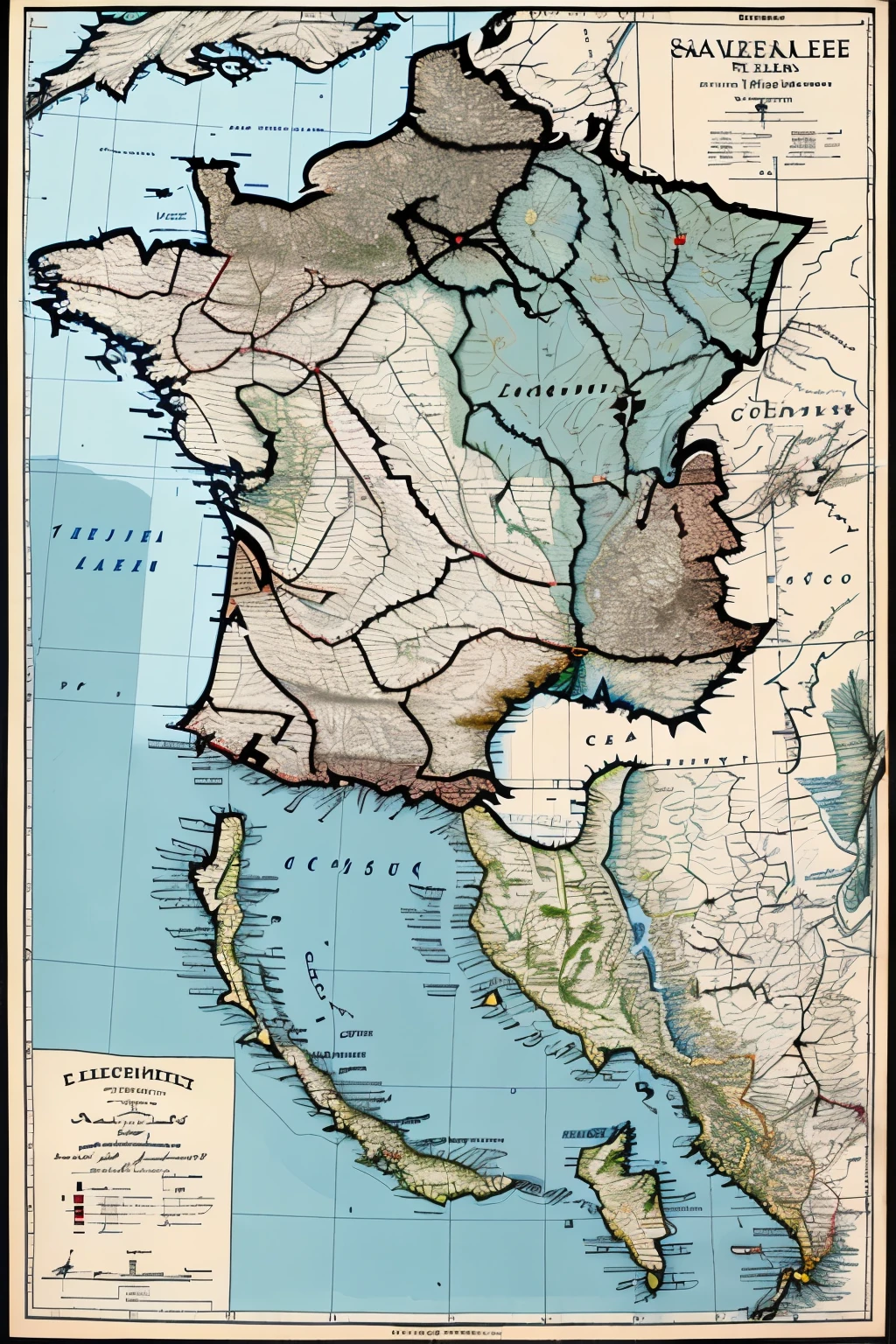 Photorealistic, ultra-detailed map of the wine regions of France, with a specific focus on the Bordeaux areas as depicted in Louis Larmat's 'French Wine Districts - Bordeaux' map. The topography is meticulously represented, showcasing the undulating hills, valleys, and rivers crucial to the cultivation of vineyards. The district divisions are intricately illustrated, with clearly defined borders delineating the various appellations, such as Médoc, Graves, Sauternes, and Pauillac.

The map maintains the cartographic style of Louis Larmat's original, ensuring a faithful representation. The legend